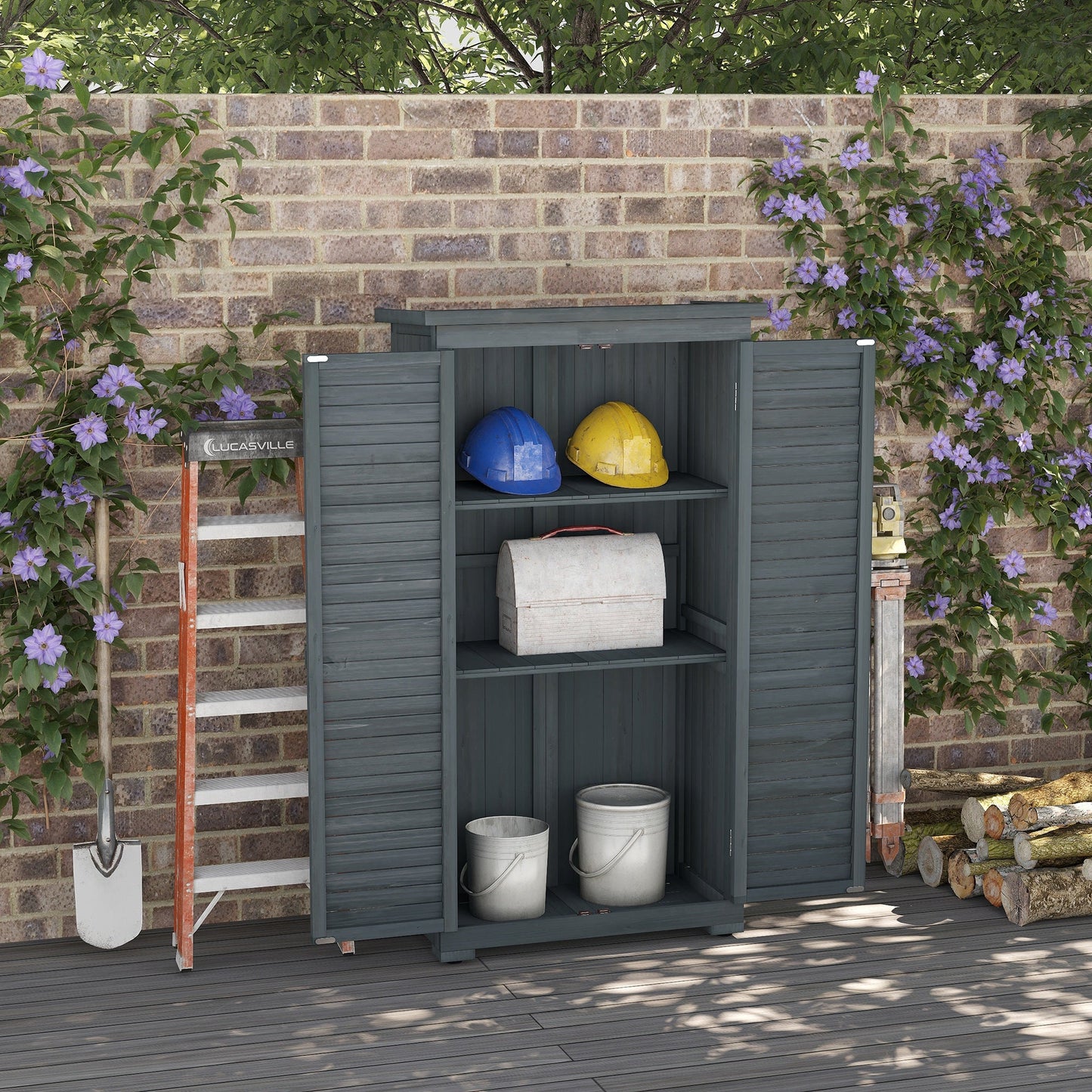 Small Shed, Wooden Garden Storage Shed, 3 Shelves Outdoor Tool Shed Cabinet with Asphalt Roof and Shutter Doors, 87cm x 47cm x 160cm, Grey
