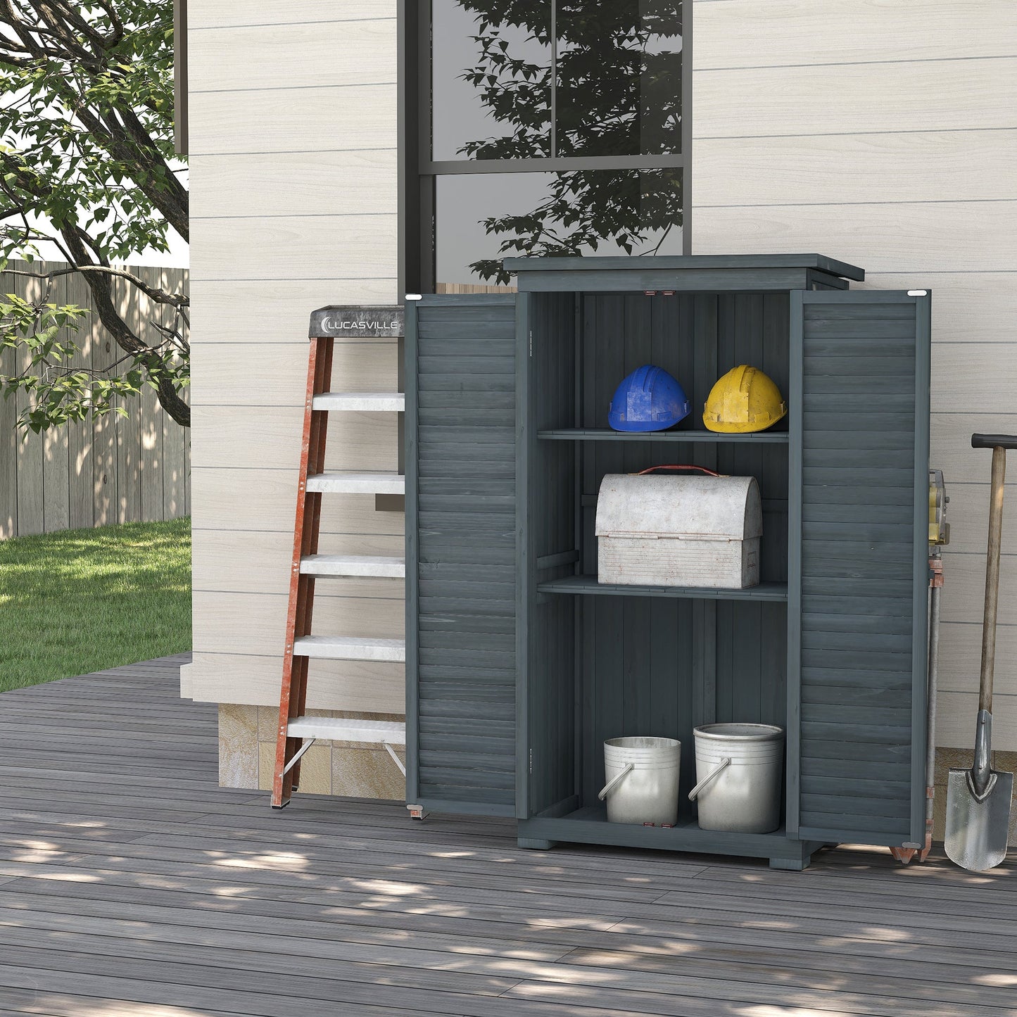 Small Shed, Wooden Garden Storage Shed, 3 Shelves Outdoor Tool Shed Cabinet with Asphalt Roof and Shutter Doors, 87cm x 47cm x 160cm, Grey
