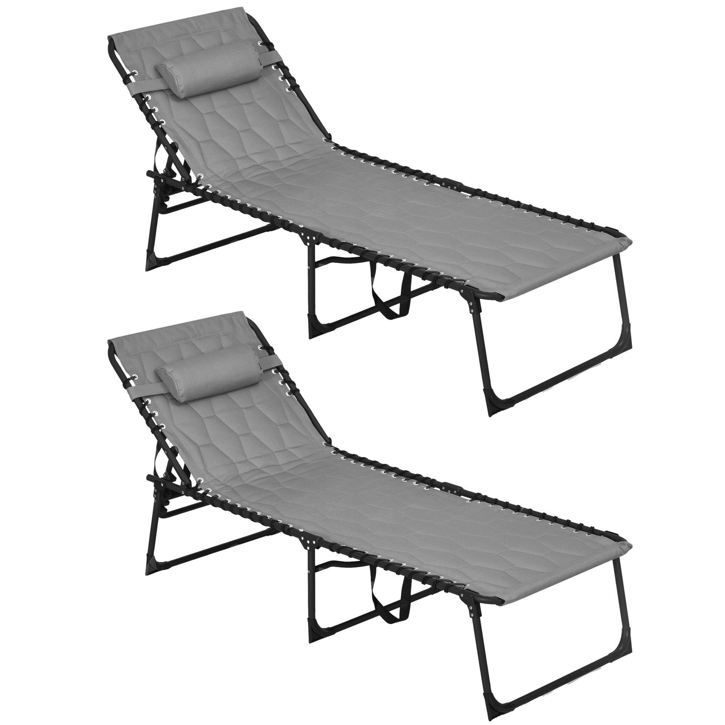 2 Piece Foldable Sun Lounger Set with 5-level Reclining Back, Outdoor Tanning Chairs Sun Loungers with Build-in Padded Seat, Side Pocket, Headrest for Beach, Yard, Patio, Grey
