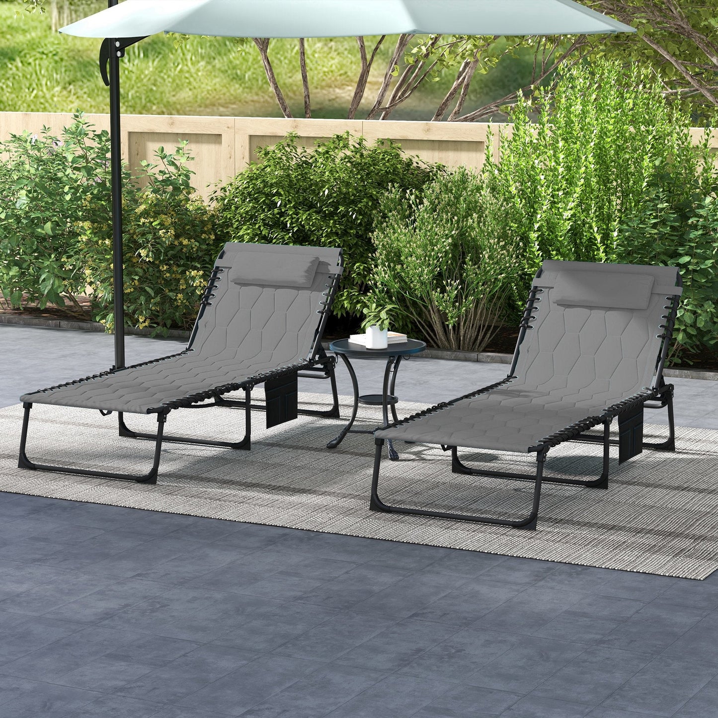 2 Piece Foldable Sun Lounger Set with 5-level Reclining Back, Outdoor Tanning Chairs Sun Loungers with Build-in Padded Seat, Side Pocket, Headrest for Beach, Yard, Patio, Grey