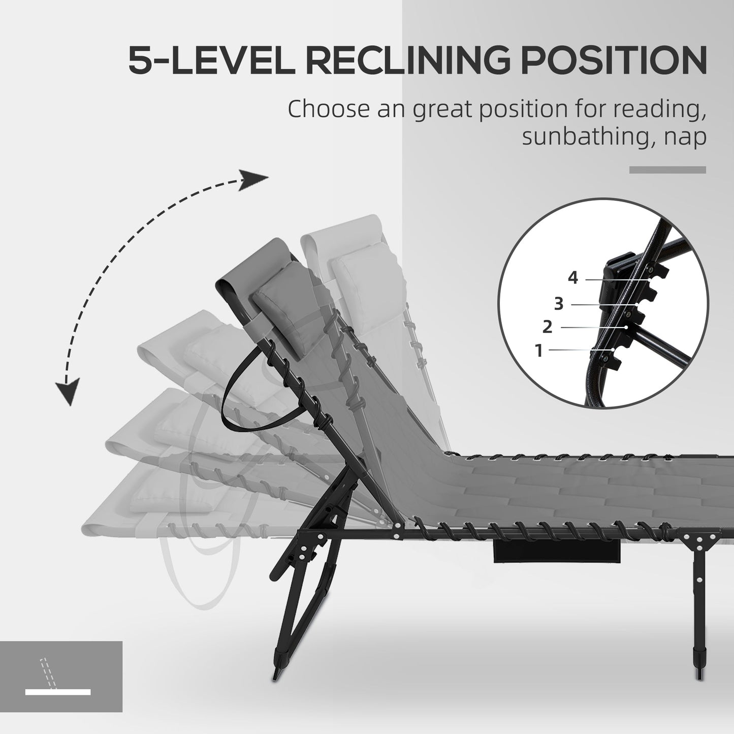 2 Piece Foldable Sun Lounger Set with 5-level Reclining Back, Outdoor Tanning Chairs Sun Loungers with Build-in Padded Seat, Side Pocket, Headrest for Beach, Yard, Patio, Grey