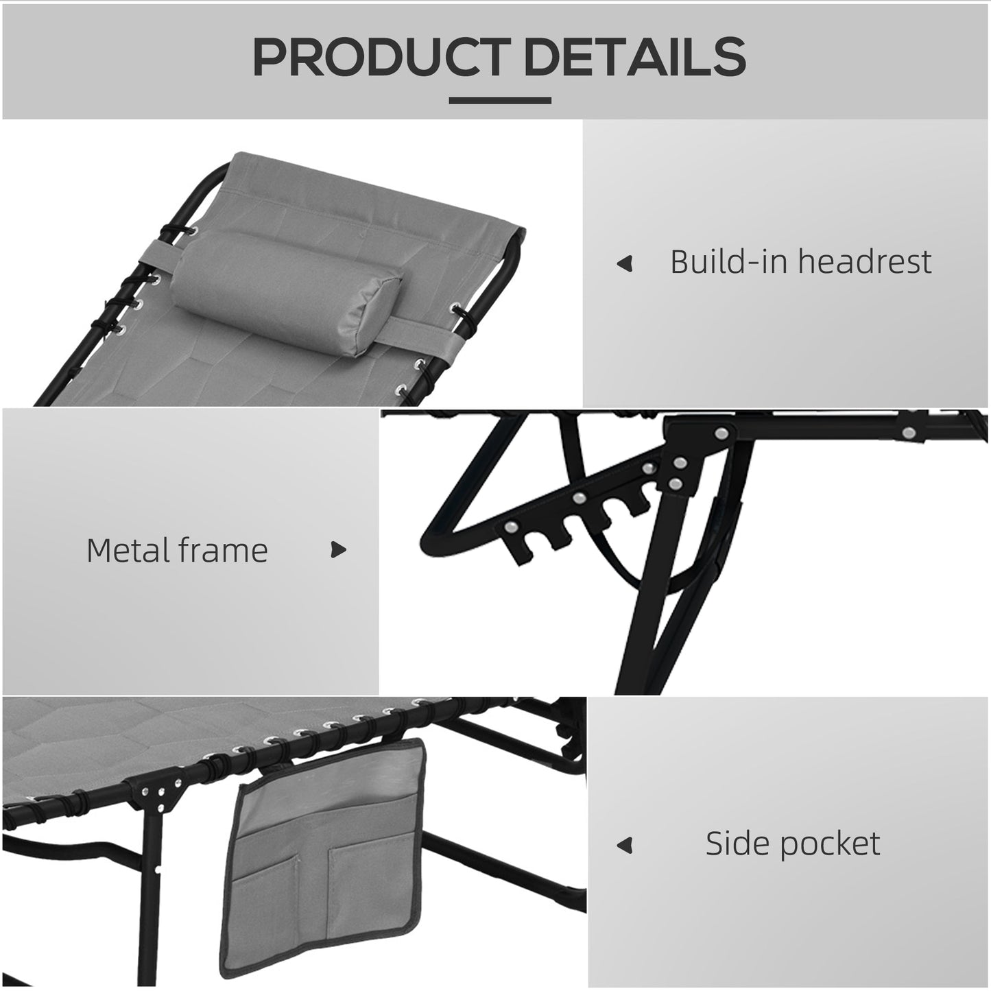 2 Piece Foldable Sun Lounger Set with 5-level Reclining Back, Outdoor Tanning Chairs Sun Loungers with Build-in Padded Seat, Side Pocket, Headrest for Beach, Yard, Patio, Grey