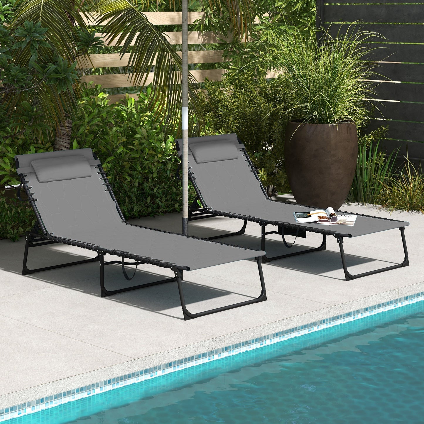 2 Piece Foldable Sun Lounger Set with 5-level Reclining Back, Outdoor Tanning Chairs Sun Loungers with Build-in Padded Seat, Side Pocket, Headrest for Beach, Yard, Patio, Grey