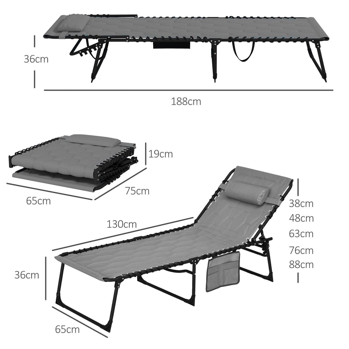 2 Piece Foldable Sun Lounger Set with 5-level Reclining Back, Outdoor Tanning Chairs Sun Loungers with Build-in Padded Seat, Side Pocket, Headrest for Beach, Yard, Patio, Grey