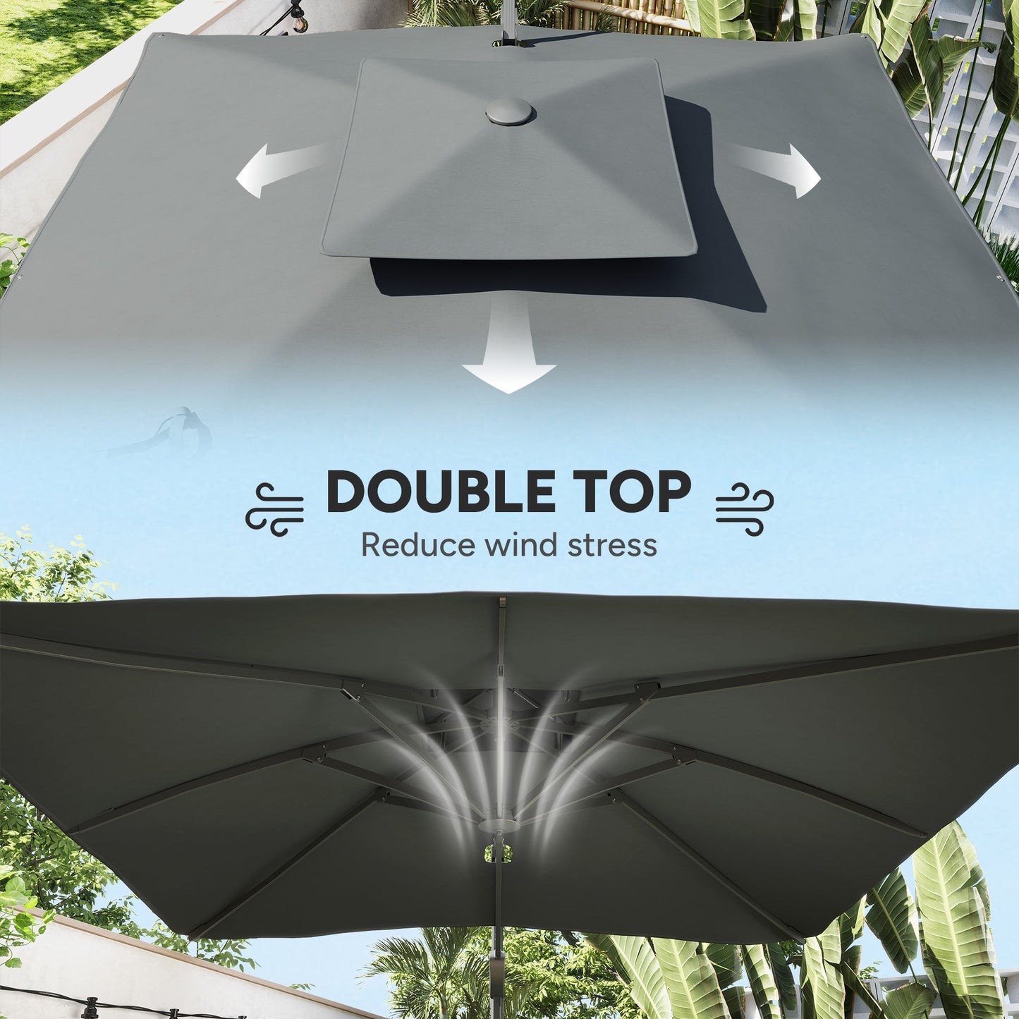 3(m) Cantilever Parasol with Hydraulic Opening, Heavy Duty Aluminium Hanging Garden Parasol, Double Top Square Patio Umbrella with 360° Rotation, 8 Ribs, Cross Base, Grey