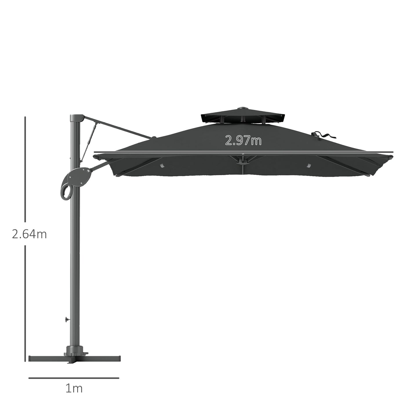 3(m) Cantilever Parasol with Hydraulic Opening, Heavy Duty Aluminium Hanging Garden Parasol, Double Top Square Patio Umbrella with 360° Rotation, 8 Ribs, Cross Base, Grey