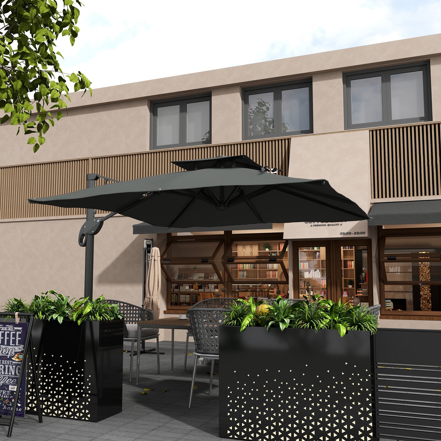 3(m) Cantilever Parasol with Hydraulic Opening, Heavy Duty Aluminium Hanging Garden Parasol, Double Top Square Patio Umbrella with 360° Rotation, 8 Ribs, Cross Base, Grey