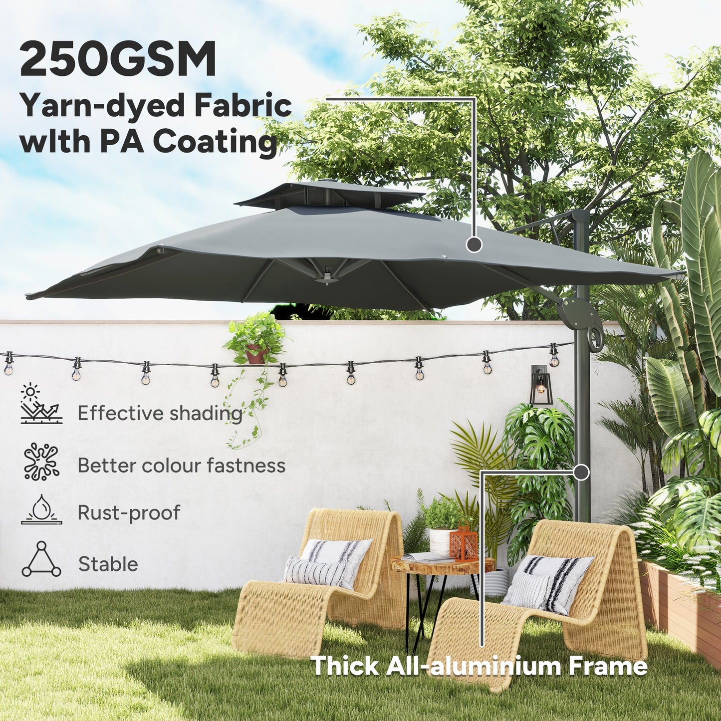3(m) Cantilever Parasol with Hydraulic Opening, Heavy Duty Aluminium Hanging Garden Parasol, Double Top Square Patio Umbrella with 360° Rotation, 8 Ribs, Cross Base, Grey