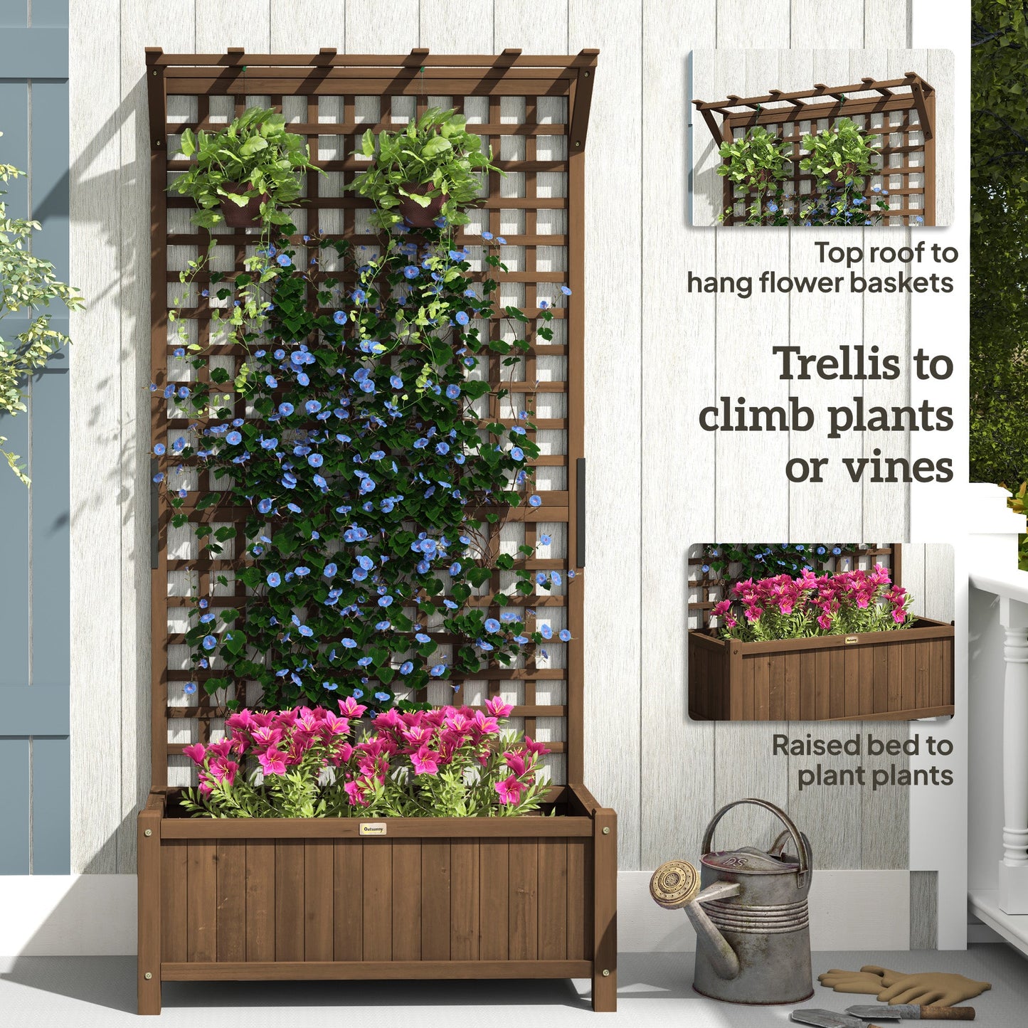 Wood Planter with Trellis for Climbing Plants, Raised Bed, Planter Box with Drainage Holes to Grow Vegetables, Herbs and Flowers for Garden, Patio, Yard, Brown