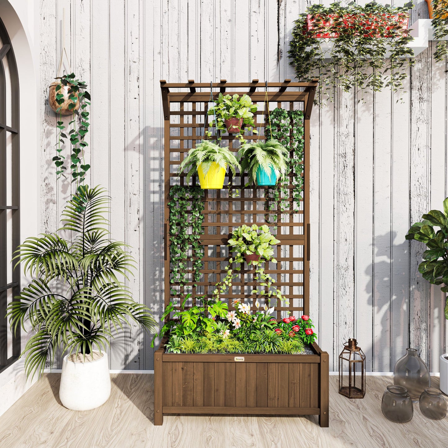 Wood Planter with Trellis for Climbing Plants, Raised Bed, Planter Box with Drainage Holes to Grow Vegetables, Herbs and Flowers for Garden, Patio, Yard, Brown