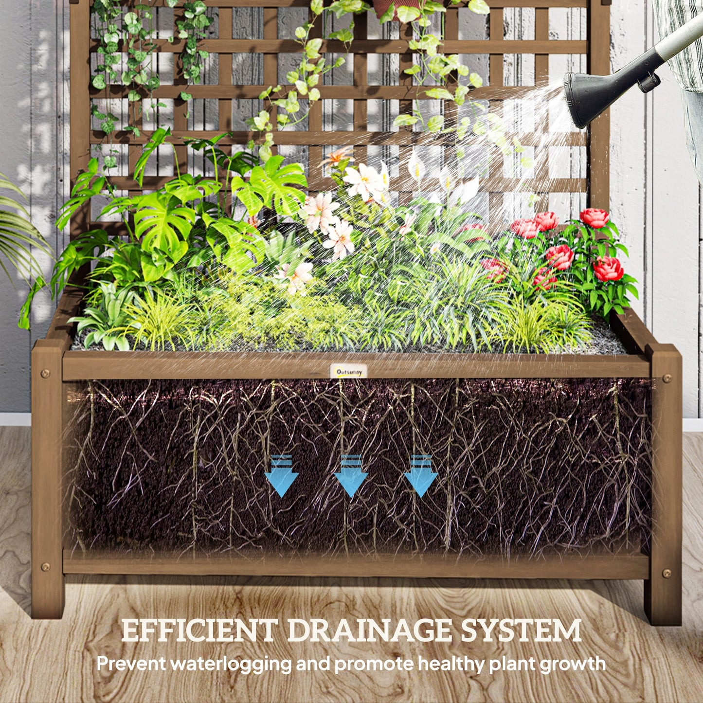 Wood Planter with Trellis for Climbing Plants, Raised Bed, Planter Box with Drainage Holes to Grow Vegetables, Herbs and Flowers for Garden, Patio, Yard, Brown