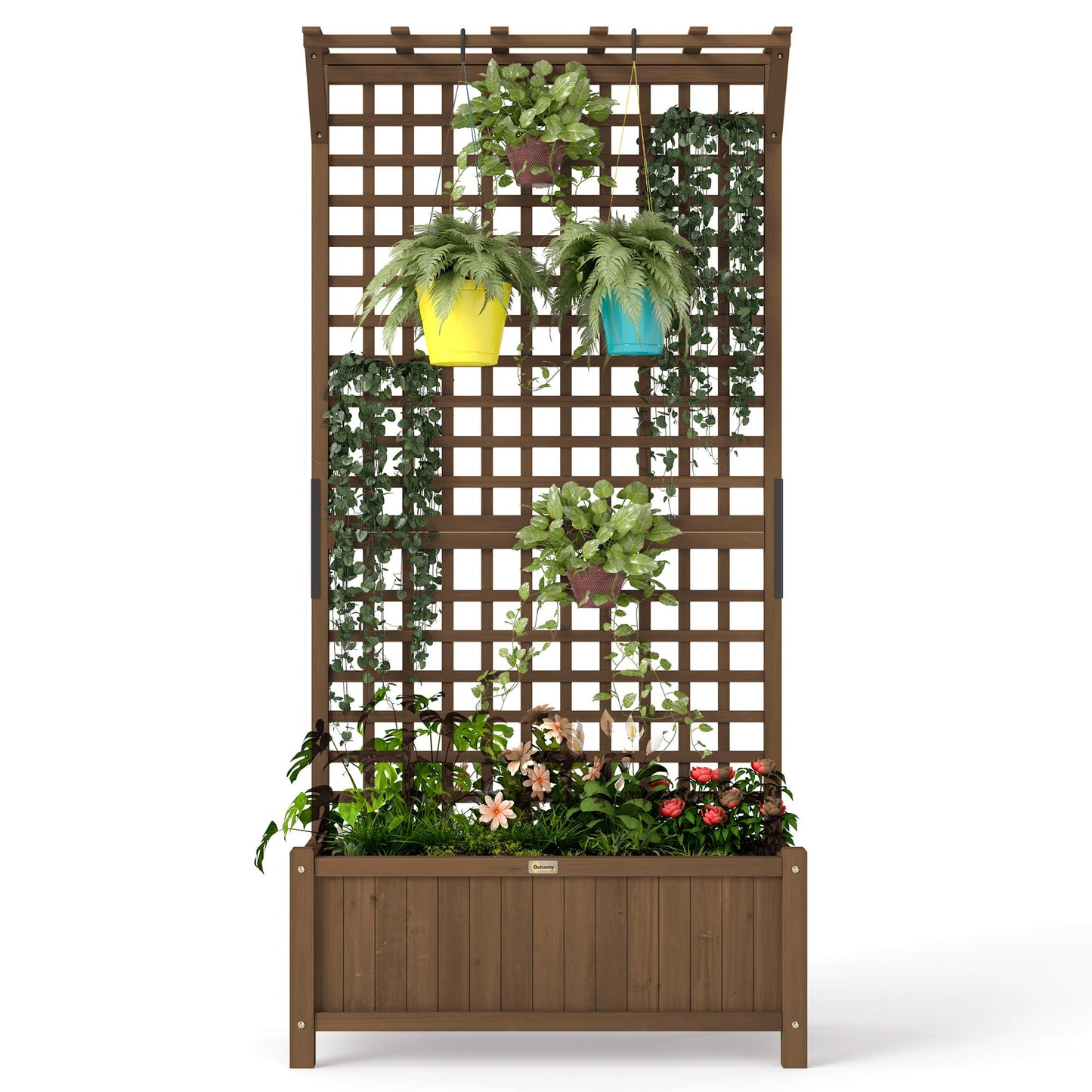 Wood Planter with Trellis for Climbing Plants, Raised Bed, Planter Box with Drainage Holes to Grow Vegetables, Herbs and Flowers for Garden, Patio, Yard, Brown