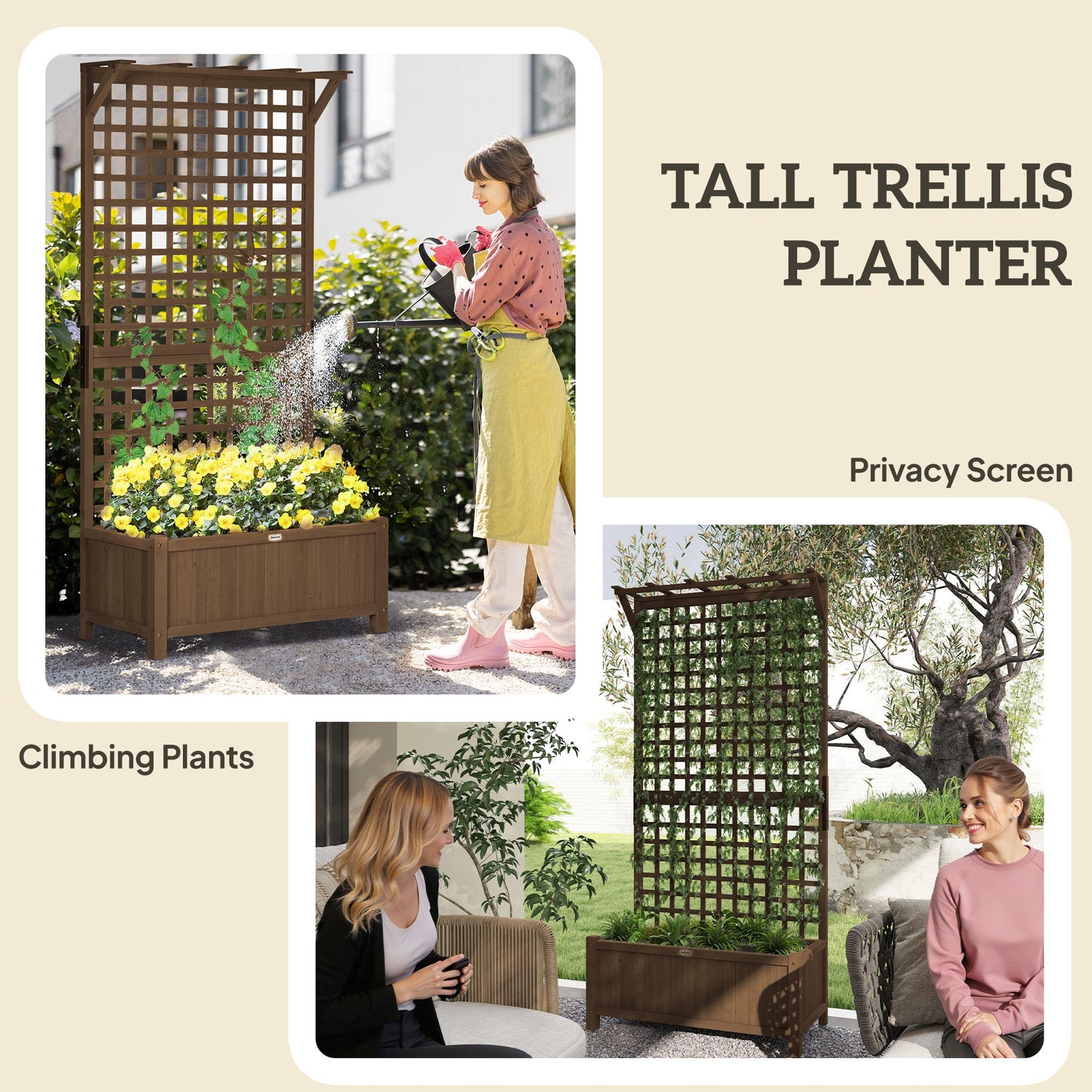 Wood Planter with Trellis for Climbing Plants, Raised Bed, Planter Box with Drainage Holes to Grow Vegetables, Herbs and Flowers for Garden, Patio, Yard, Brown