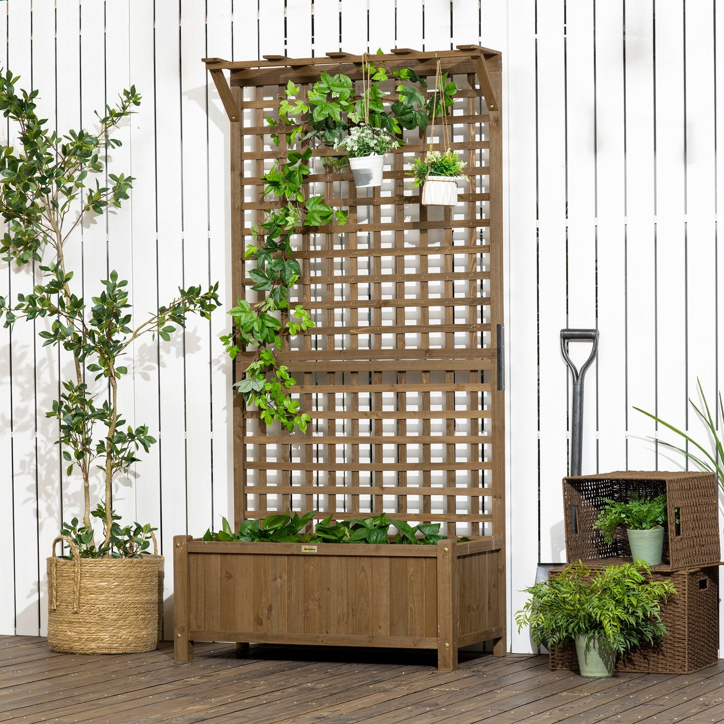 Wood Planter with Trellis for Climbing Plants, Raised Bed, Planter Box with Drainage Holes to Grow Vegetables, Herbs and Flowers for Garden, Patio, Yard, Brown