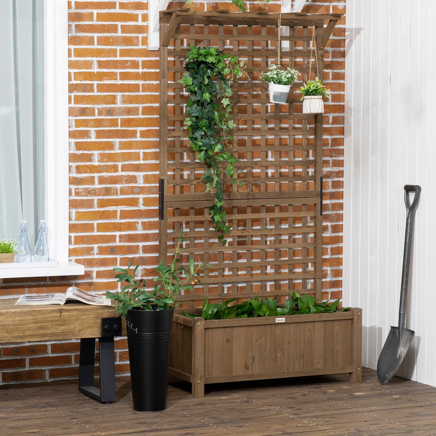 Wood Planter with Trellis for Climbing Plants, Raised Bed, Planter Box with Drainage Holes to Grow Vegetables, Herbs and Flowers for Garden, Patio, Yard, Brown