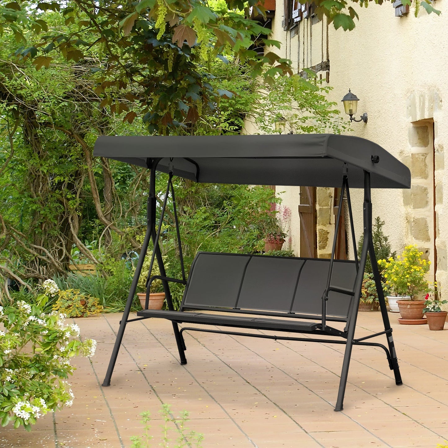 3 Seater Swing Chair, Garden Swing Bench with Canopy, Breathable Mesh Seat and Heavy Duty Steel Frame for Patio, Yard, Black