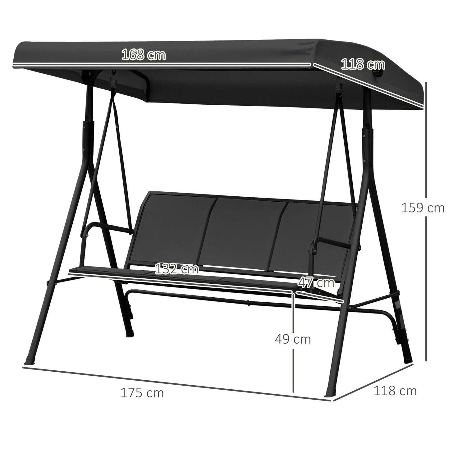 3 Seater Swing Chair, Garden Swing Bench with Canopy, Breathable Mesh Seat and Heavy Duty Steel Frame for Patio, Yard, Black