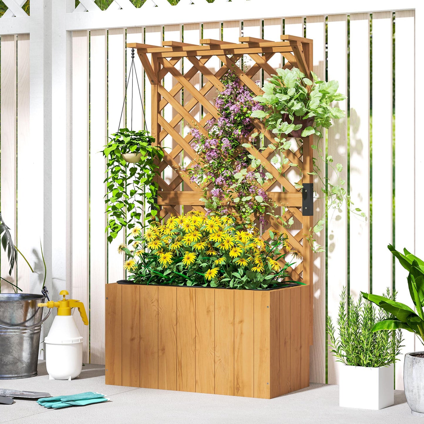 Wooden Planter with Trellis, Freestanding Raised Garden Bed with Drainage Holes, Outdoor Planter Box with Liner for Vegetables, Herbs and Flowers, Natural