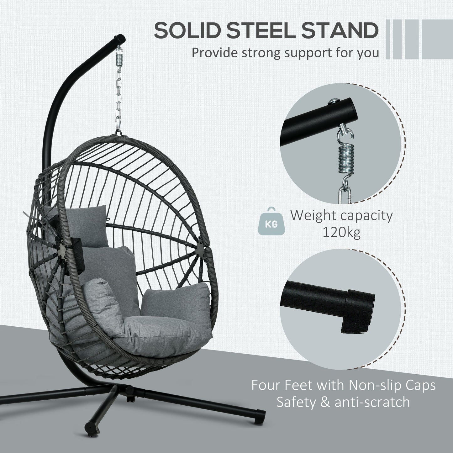 Outdoor Swing Chair with Thick Padded Cushion, Patio Hanging Chair with Metal Stand, Foldable Basket Egg Chair with Cup Holder, Rope Structure, for Indoor and Outdoor, Grey