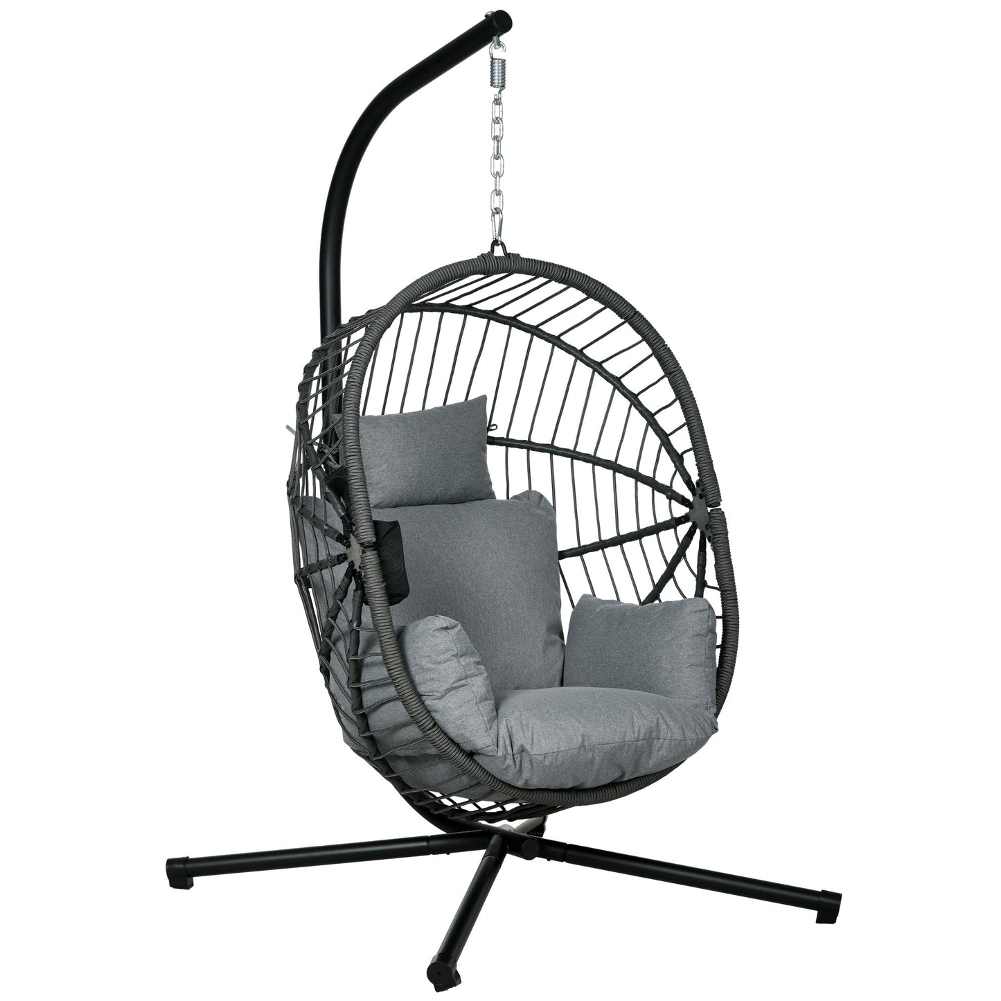 Outdoor Swing Chair with Thick Padded Cushion, Patio Hanging Chair with Metal Stand, Foldable Basket Egg Chair with Cup Holder, Rope Structure, for Indoor and Outdoor, Grey