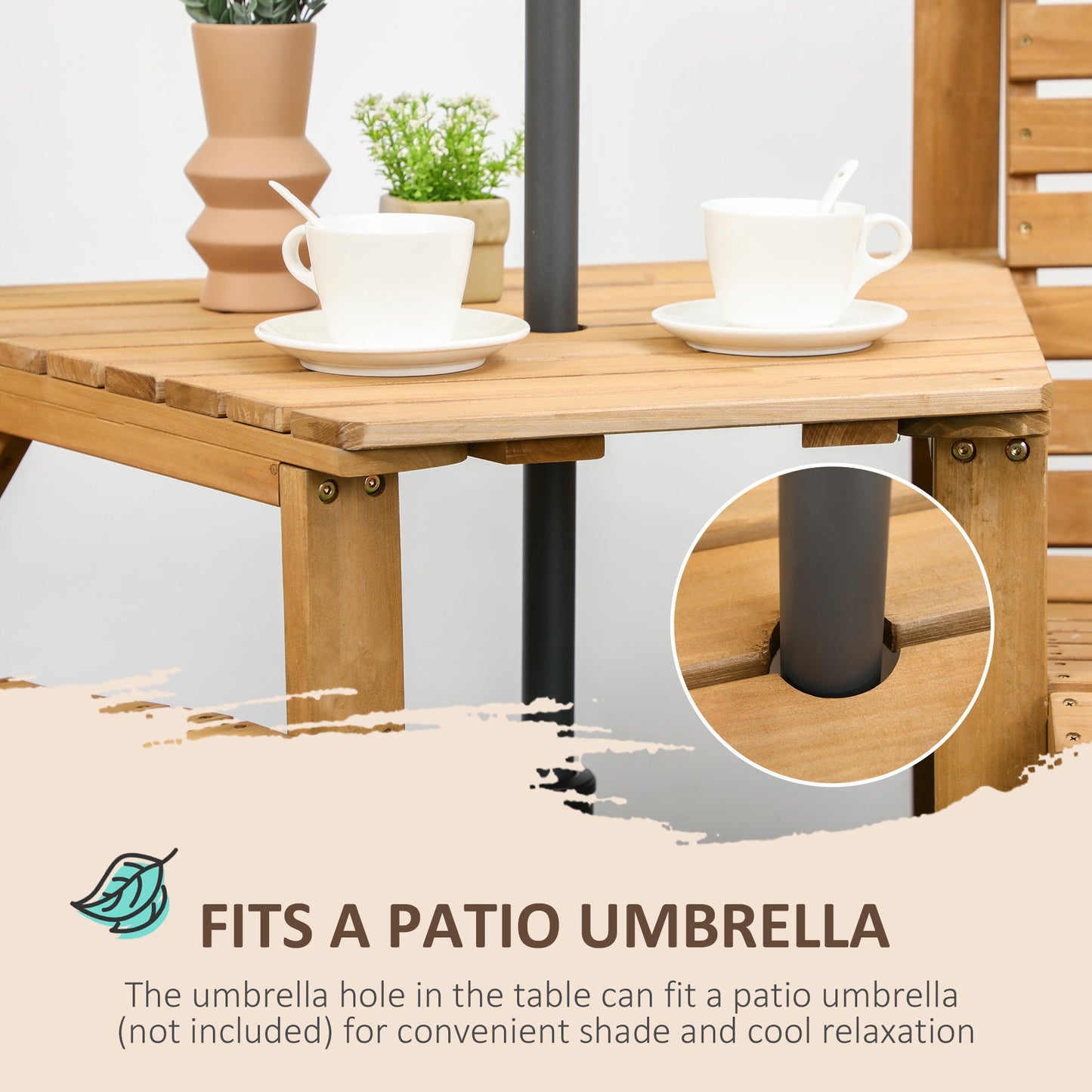 Wooden Garden Love Seat, 2 Seater Jack & Jill Companion Seat with Coffee Table and Parasol Hole, Partner Bench, Table and Chairs Set, Outdoor Furniture for Garden, Balcony, Patio, Brown