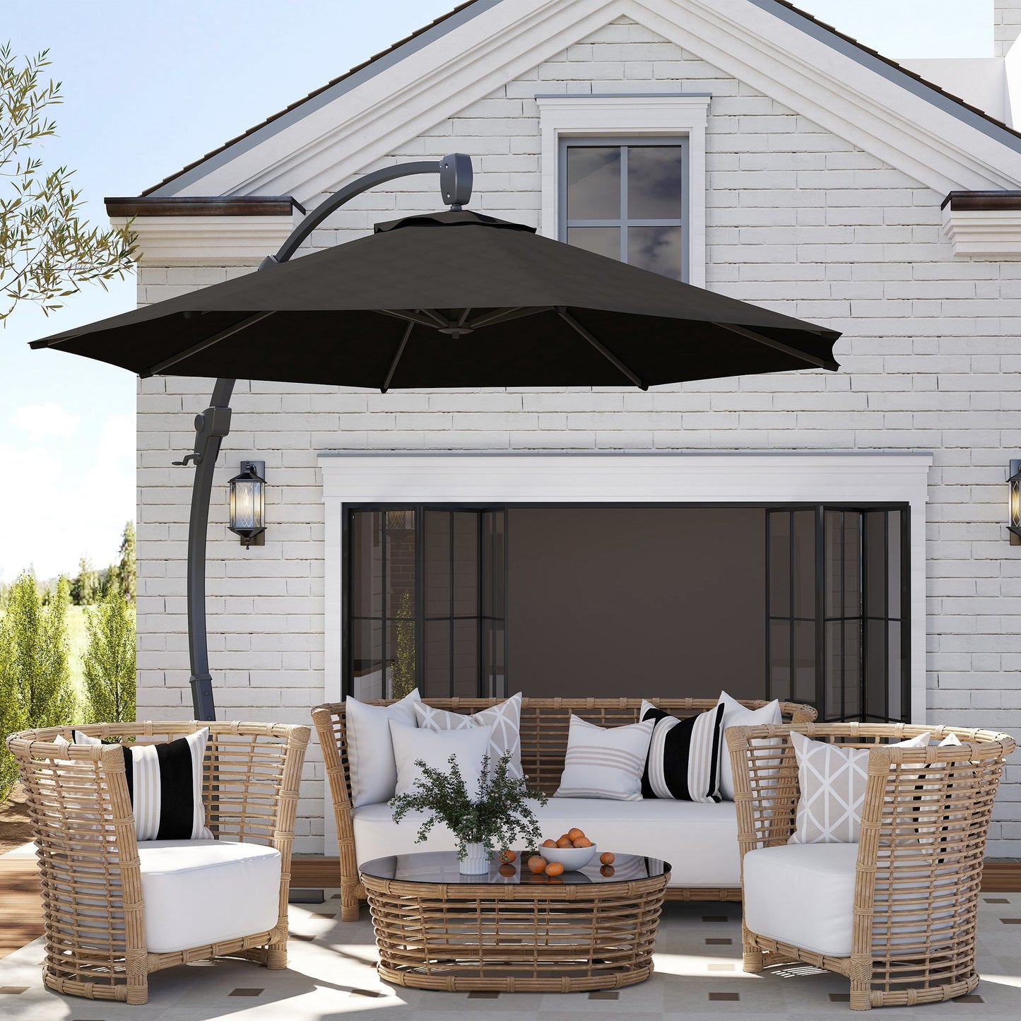 3(m) Garden Cantilever Parasol, Round Overhanging Umbrella with Crank Handle, Cross Base, Aluminium Frame and 360° Rotation, Banana Patio Umbrella for Outdoor Sun Shade, Black