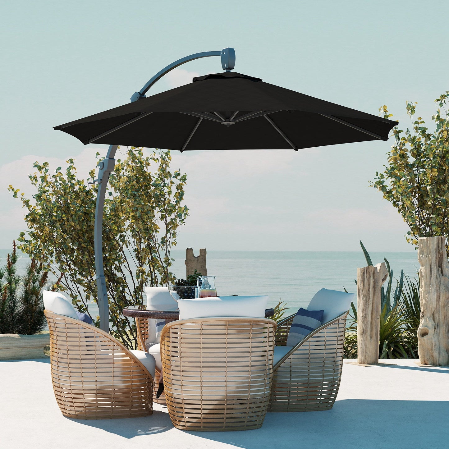 3(m) Garden Cantilever Parasol, Round Overhanging Umbrella with Crank Handle, Cross Base, Aluminium Frame and 360° Rotation, Banana Patio Umbrella for Outdoor Sun Shade, Black