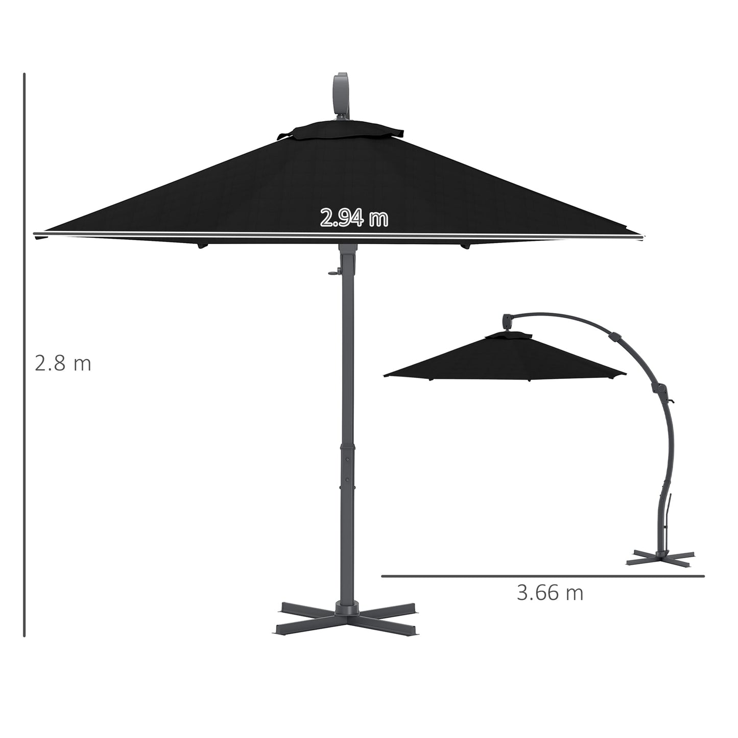 3(m) Garden Cantilever Parasol, Round Overhanging Umbrella with Crank Handle, Cross Base, Aluminium Frame and 360° Rotation, Banana Patio Umbrella for Outdoor Sun Shade, Black
