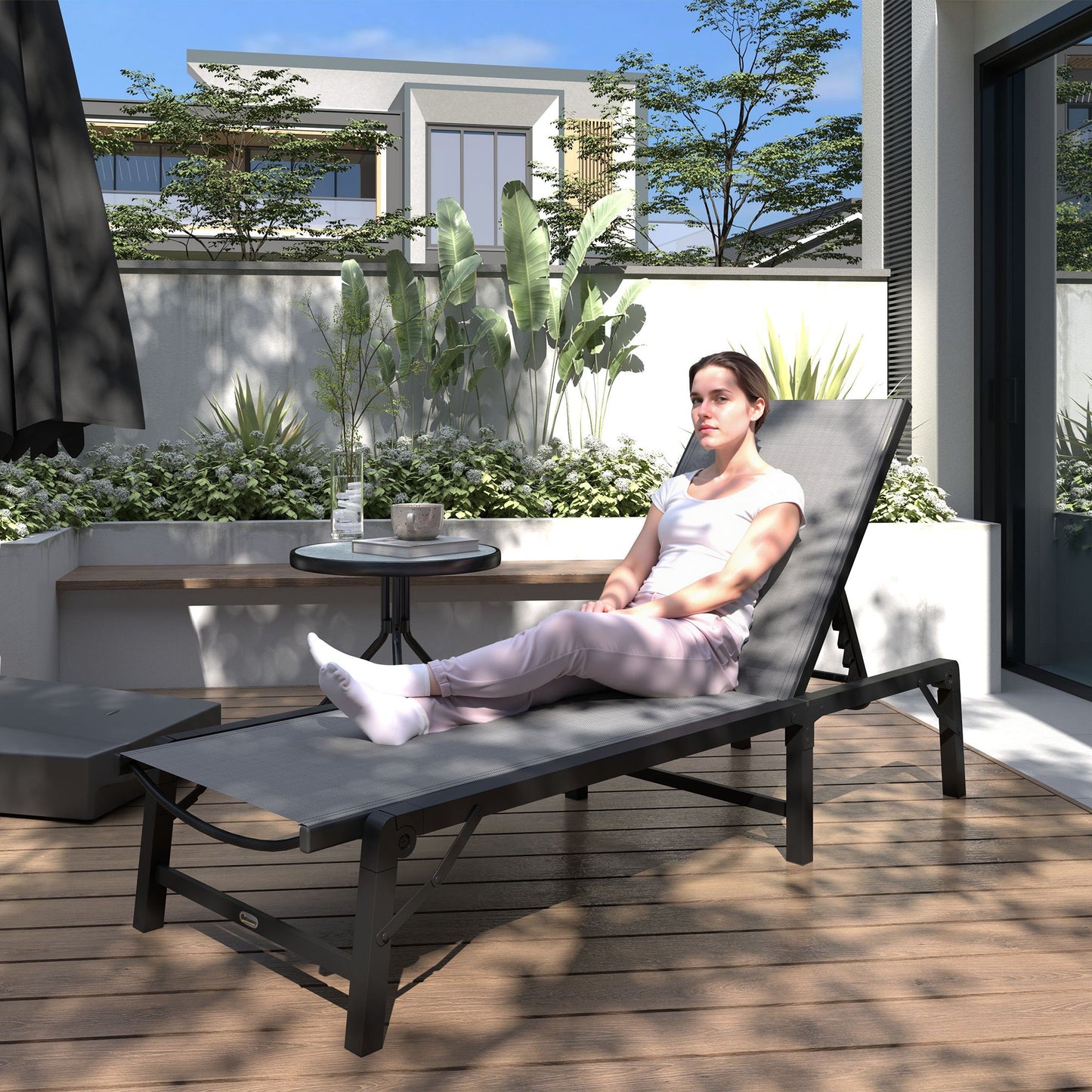 Folding Sun Lounger, 5-Position Adjustable Garden Chaise Lounge Sunbed, Steel Frame Reclining Chair for Beach, Porch, Patio, Camping, Light Grey