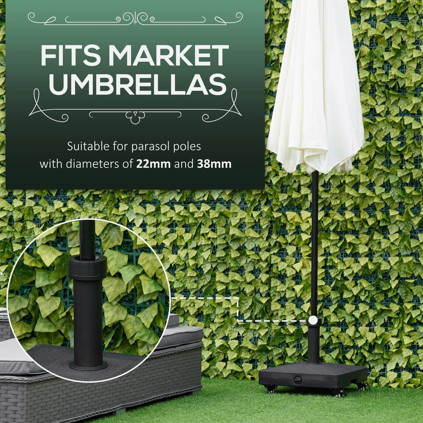 20kg Heavy Duty Garden Parasol Base Stand with Wheels Sand or Water Filled Patio Umbrella Base Square Outdoor Umbrella Stand Holder, Black