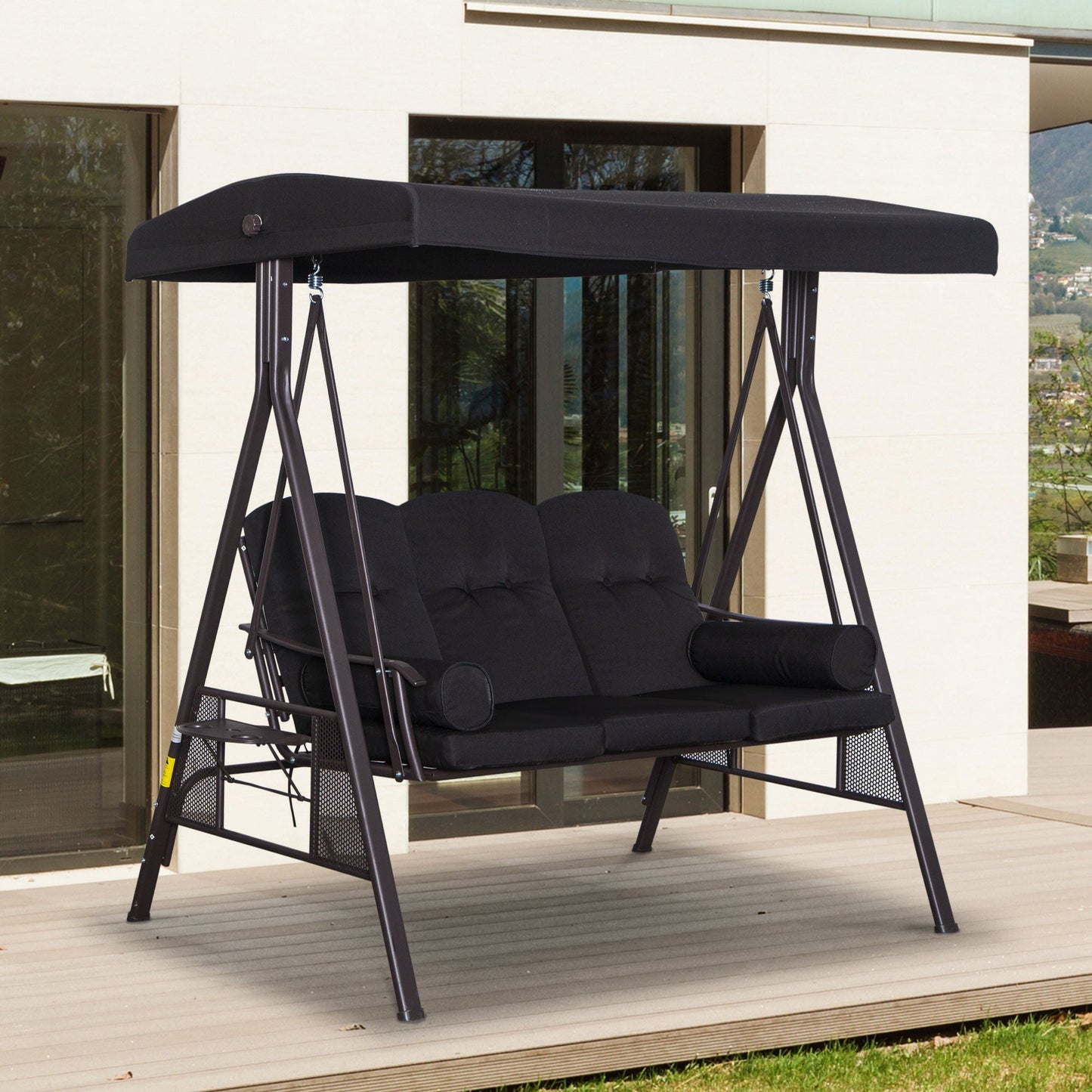 3 Seater Canopy Swing Chair, Outdoor Garden Swing Seat w/ Top Roof and Cushions, Black