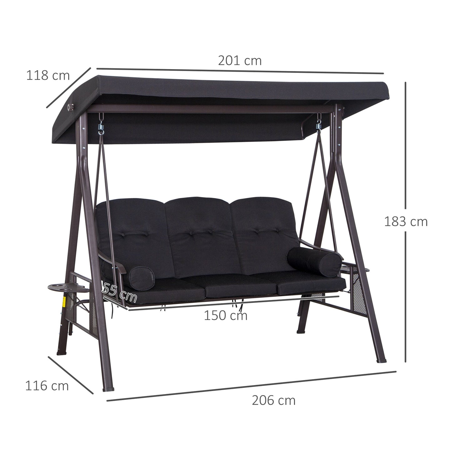 3 Seater Canopy Swing Chair, Outdoor Garden Swing Seat w/ Top Roof and Cushions, Black