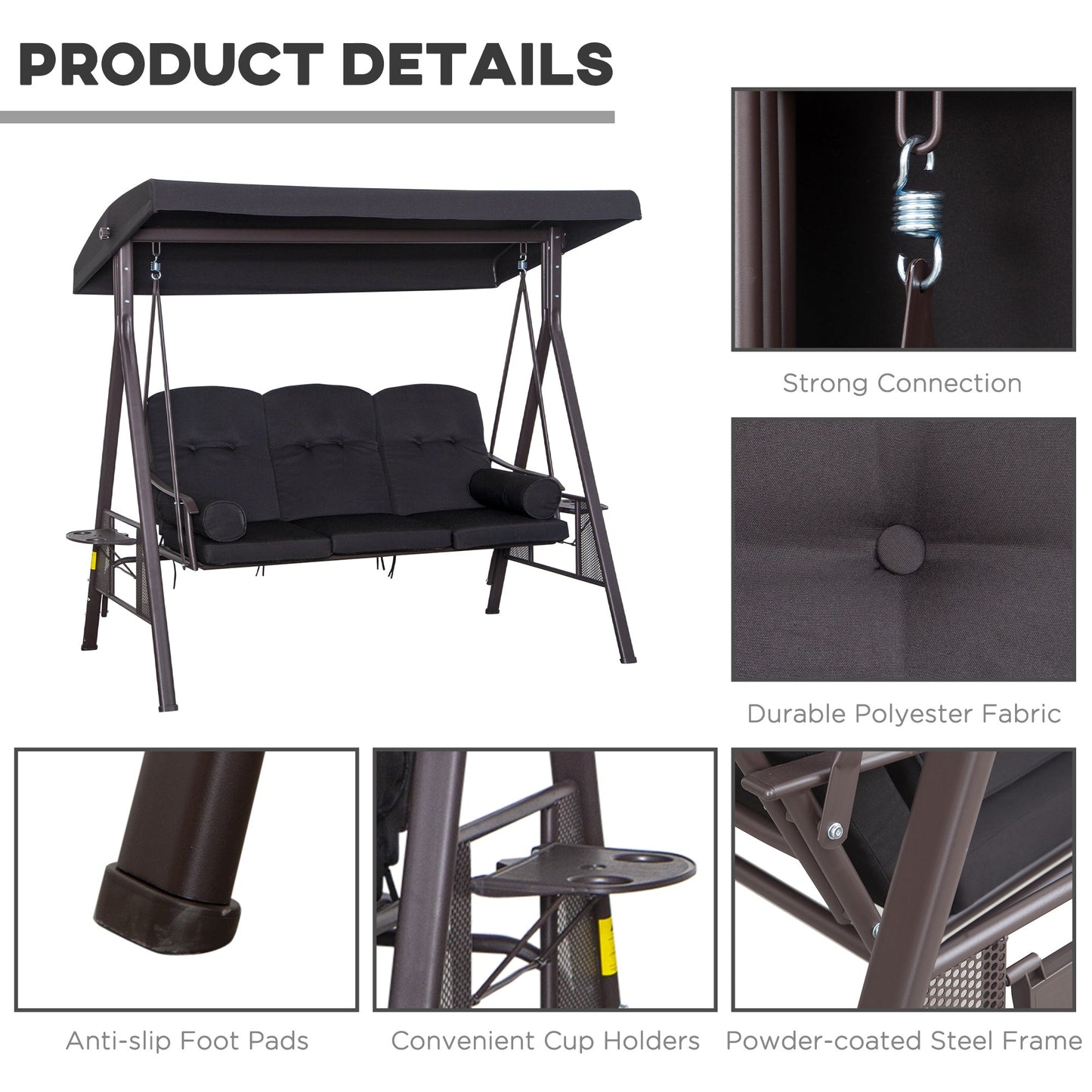 3 Seater Canopy Swing Chair, Outdoor Garden Swing Seat w/ Top Roof and Cushions, Black