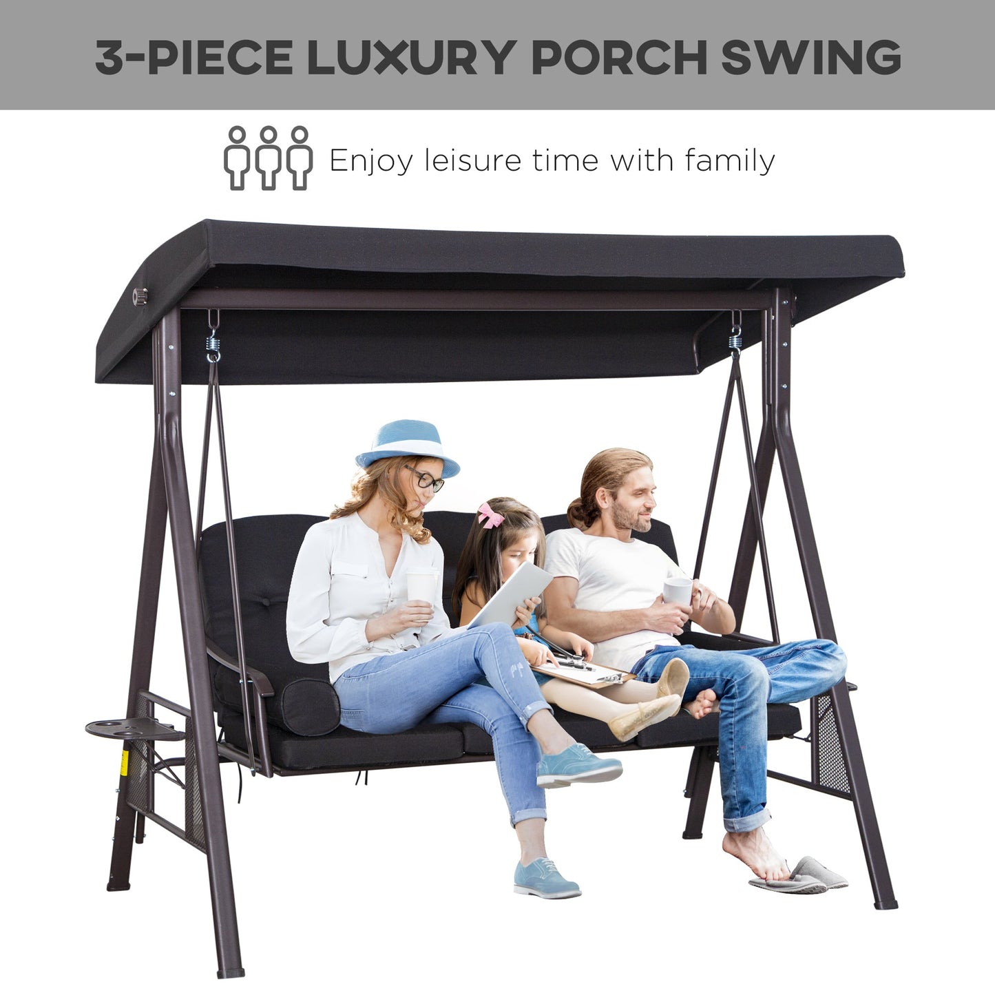 3 Seater Canopy Swing Chair, Outdoor Garden Swing Seat w/ Top Roof and Cushions, Black