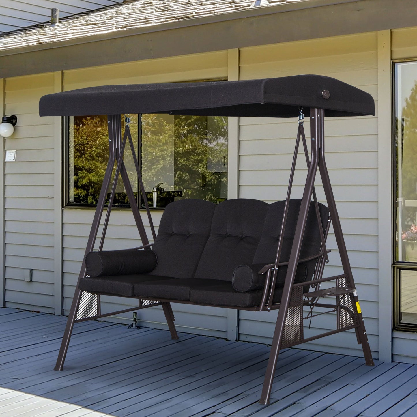 3 Seater Canopy Swing Chair, Outdoor Garden Swing Seat w/ Top Roof and Cushions, Black