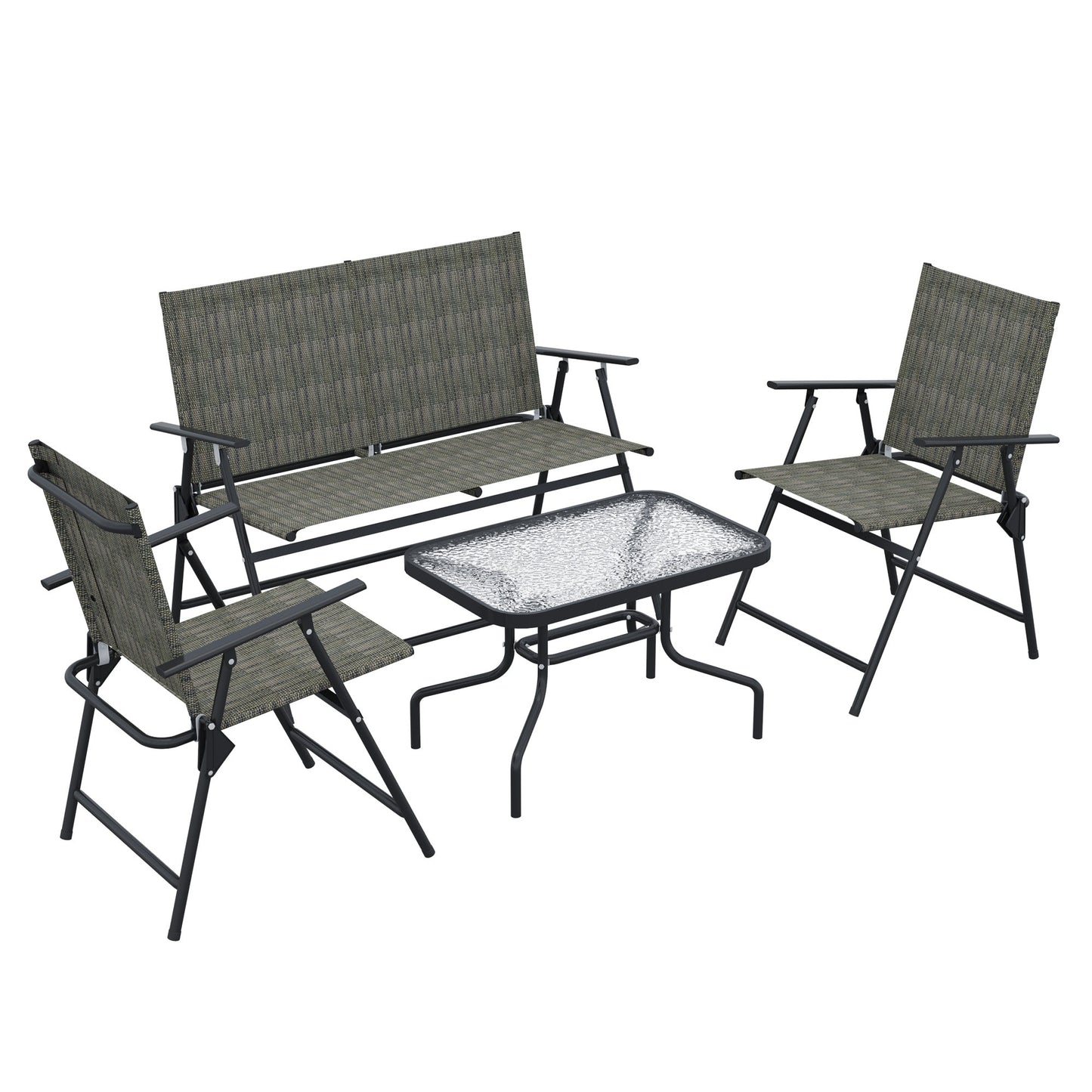 Outdoor 4 Pieces Patio Furniture Set with Breathable Mesh Fabric Seat & Backrest, Garden Set with Two Foldable Armchairs, a Loveseat & Glass Top Table, Mixed Brown