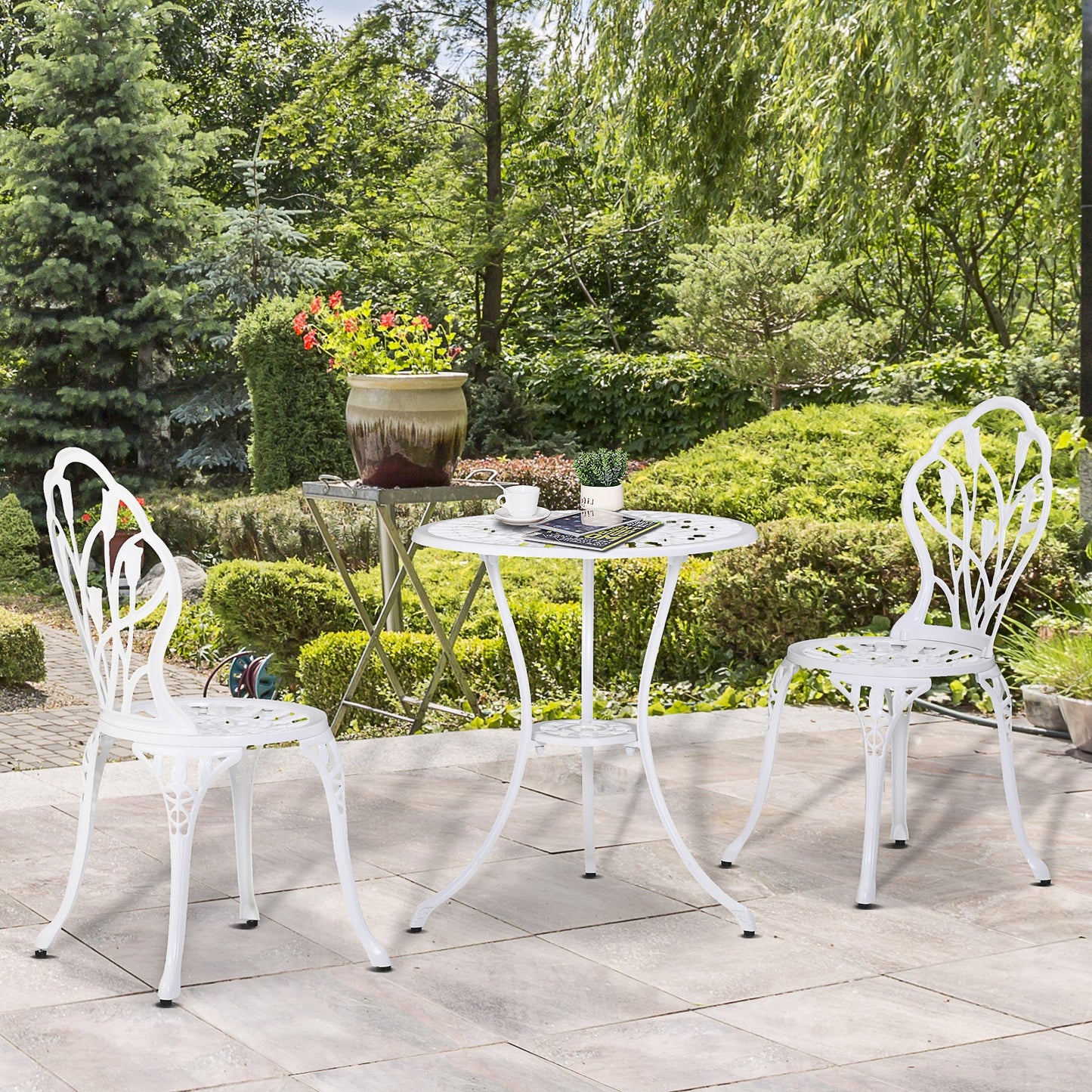 3 Piece Patio Bistro Set for 2, Outdoor Aluminium Garden Table and Chairs with Umbrella Hole for Balcony, White