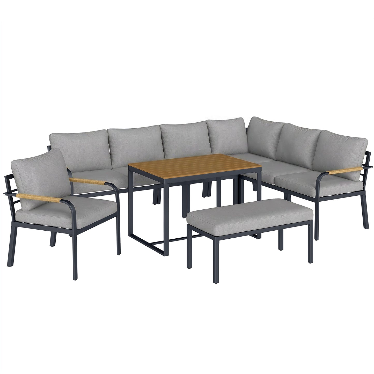 7 Seater Garden Furniture Set with 2 Loveseats, Armchair, 2 Armless Chairs, Footstool, Faux Wood Table, Metal Garden Sofa Set with Cushions, Outdoor Furniture Conversation Sets, Light Grey