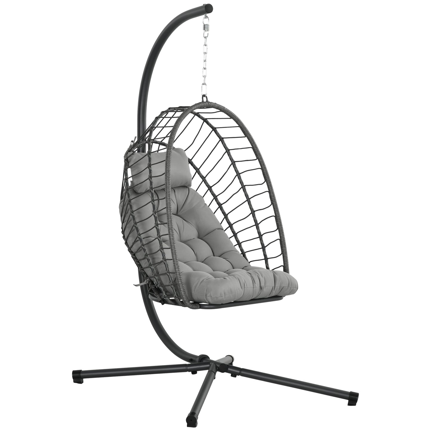 Outdoor PE Rattan Swing Chair with Cushion, Garden Foldable Basket Patio Hanging Egg Chair with Metal Stand, Headrest, for Indoor and Outdoor, Light Grey