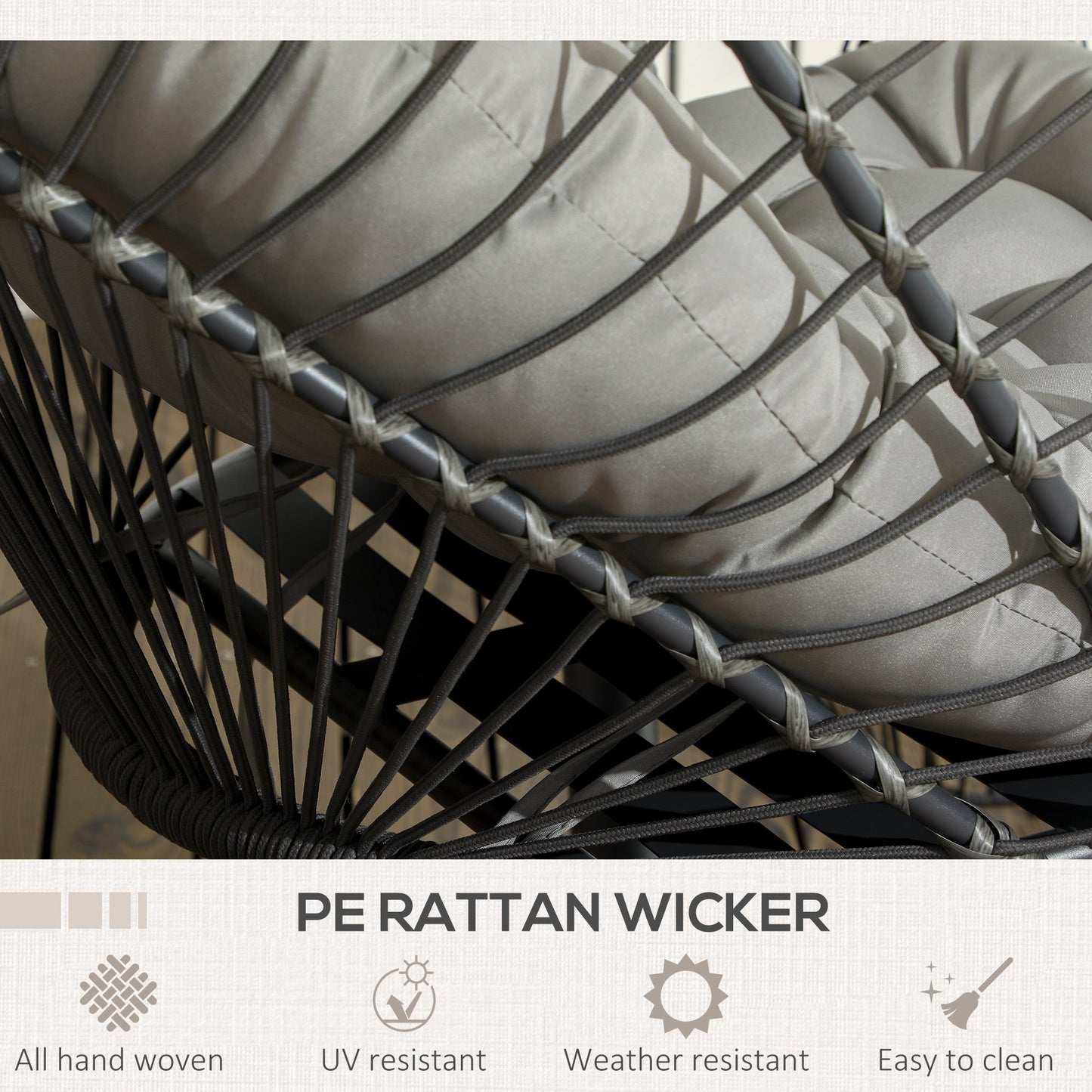 Outdoor PE Rattan Swing Chair with Cushion, Garden Foldable Basket Patio Hanging Egg Chair with Metal Stand, Headrest, for Indoor and Outdoor, Light Grey