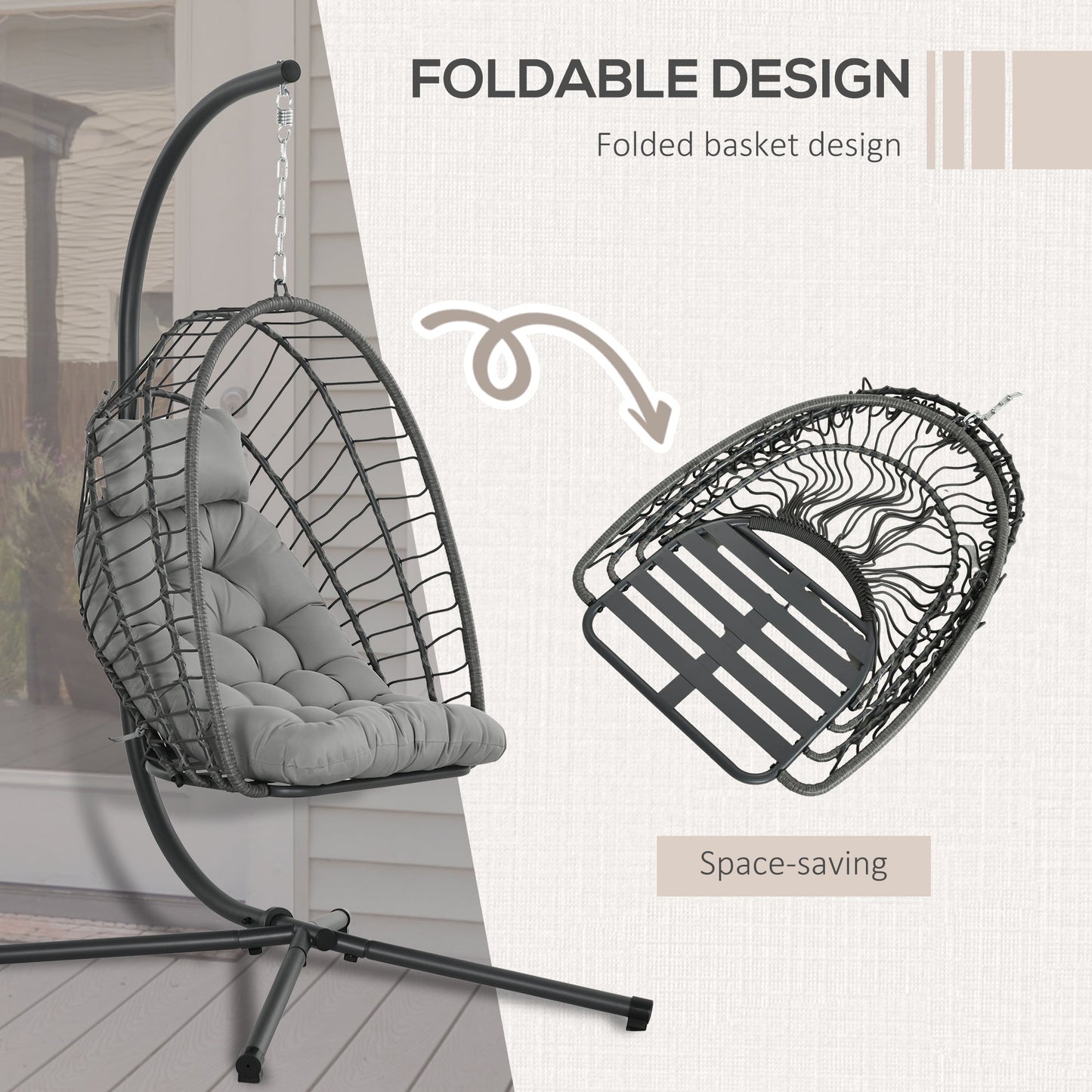 Outdoor PE Rattan Swing Chair with Cushion, Garden Foldable Basket Patio Hanging Egg Chair with Metal Stand, Headrest, for Indoor and Outdoor, Light Grey