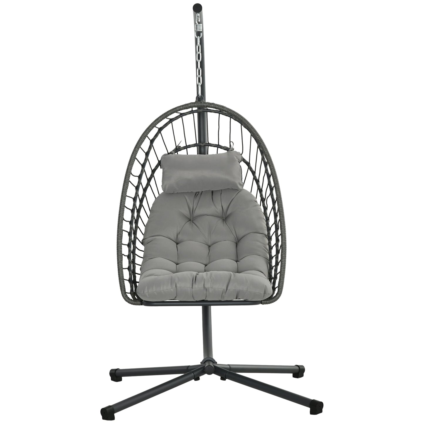 Outdoor PE Rattan Swing Chair with Cushion, Garden Foldable Basket Patio Hanging Egg Chair with Metal Stand, Headrest, for Indoor and Outdoor, Light Grey