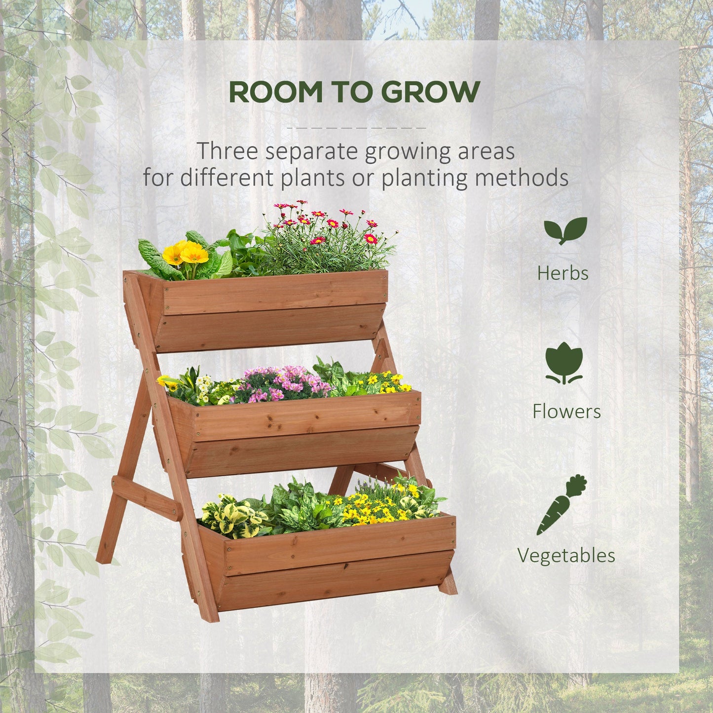 3 Tier 66L Raised Garden Bed Wooden Elevated Planter Box Kit for Flower, Vegetable, Herb, 65 x 75 x 76cm, Brown