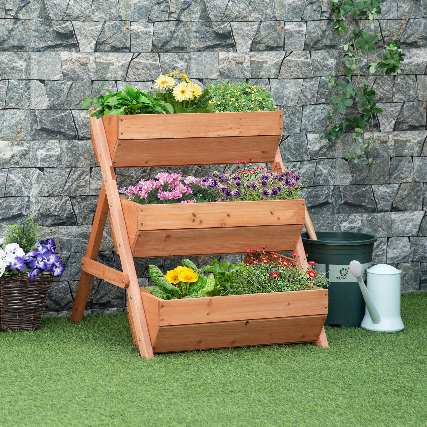 3 Tier 66L Raised Garden Bed Wooden Elevated Planter Box Kit for Flower, Vegetable, Herb, 65 x 75 x 76cm, Brown