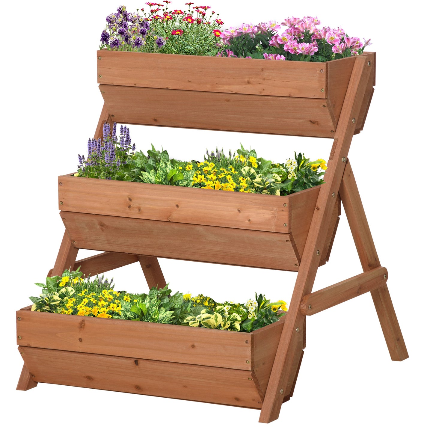 3 Tier 66L Raised Garden Bed Wooden Elevated Planter Box Kit for Flower, Vegetable, Herb, 65 x 75 x 76cm, Brown