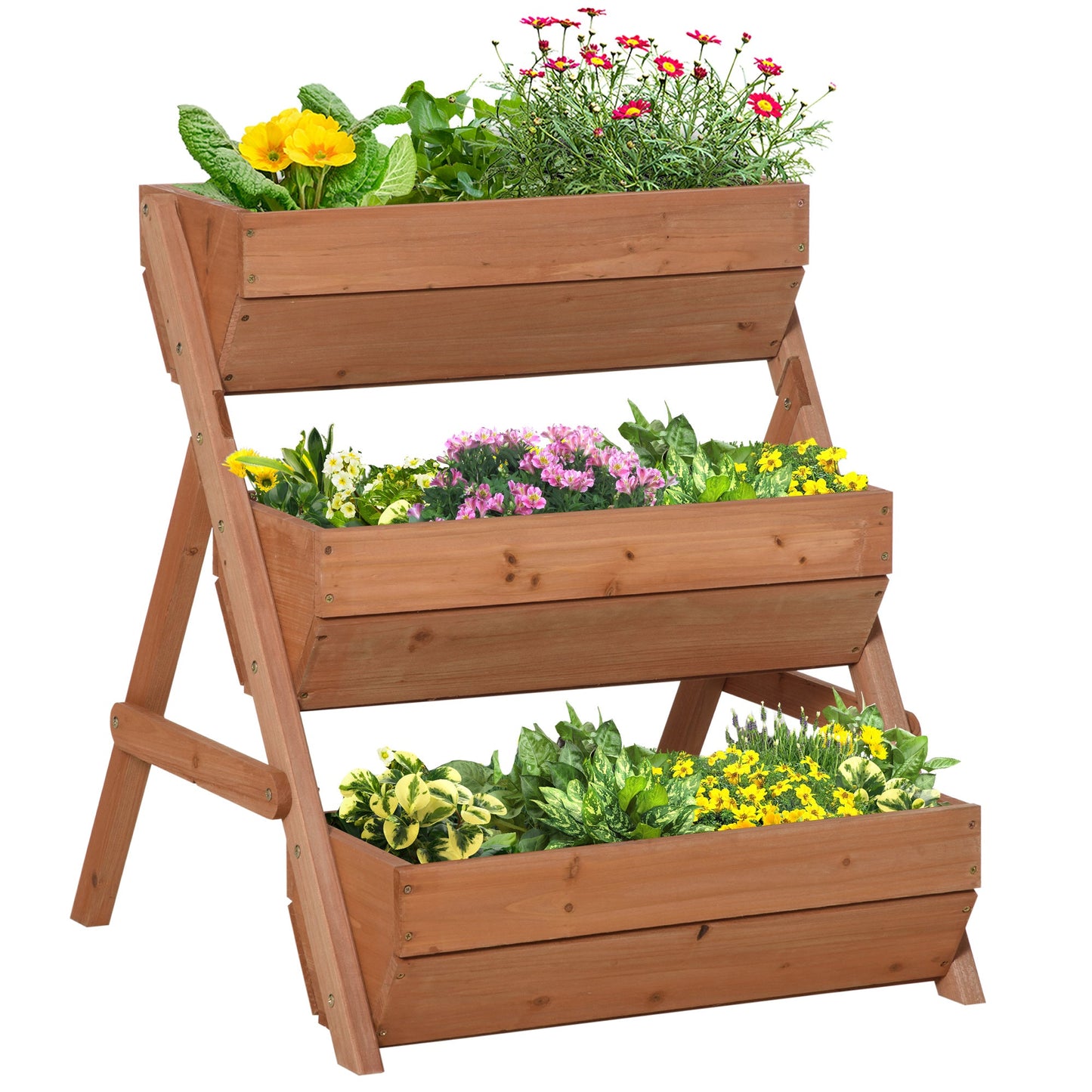 3 Tier 66L Raised Garden Bed Wooden Elevated Planter Box Kit for Flower, Vegetable, Herb, 65 x 75 x 76cm, Brown