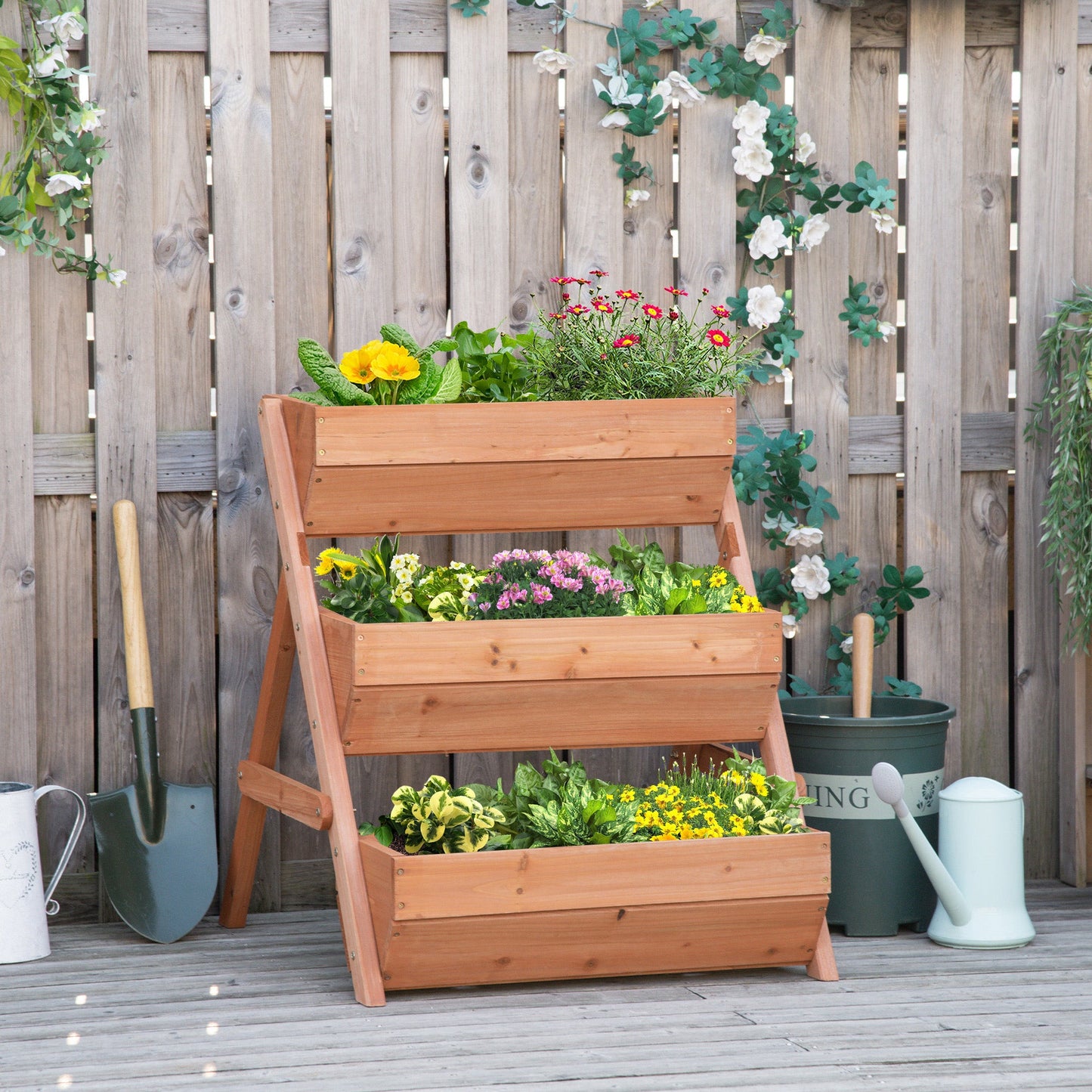 3 Tier 66L Raised Garden Bed Wooden Elevated Planter Box Kit for Flower, Vegetable, Herb, 65 x 75 x 76cm, Brown