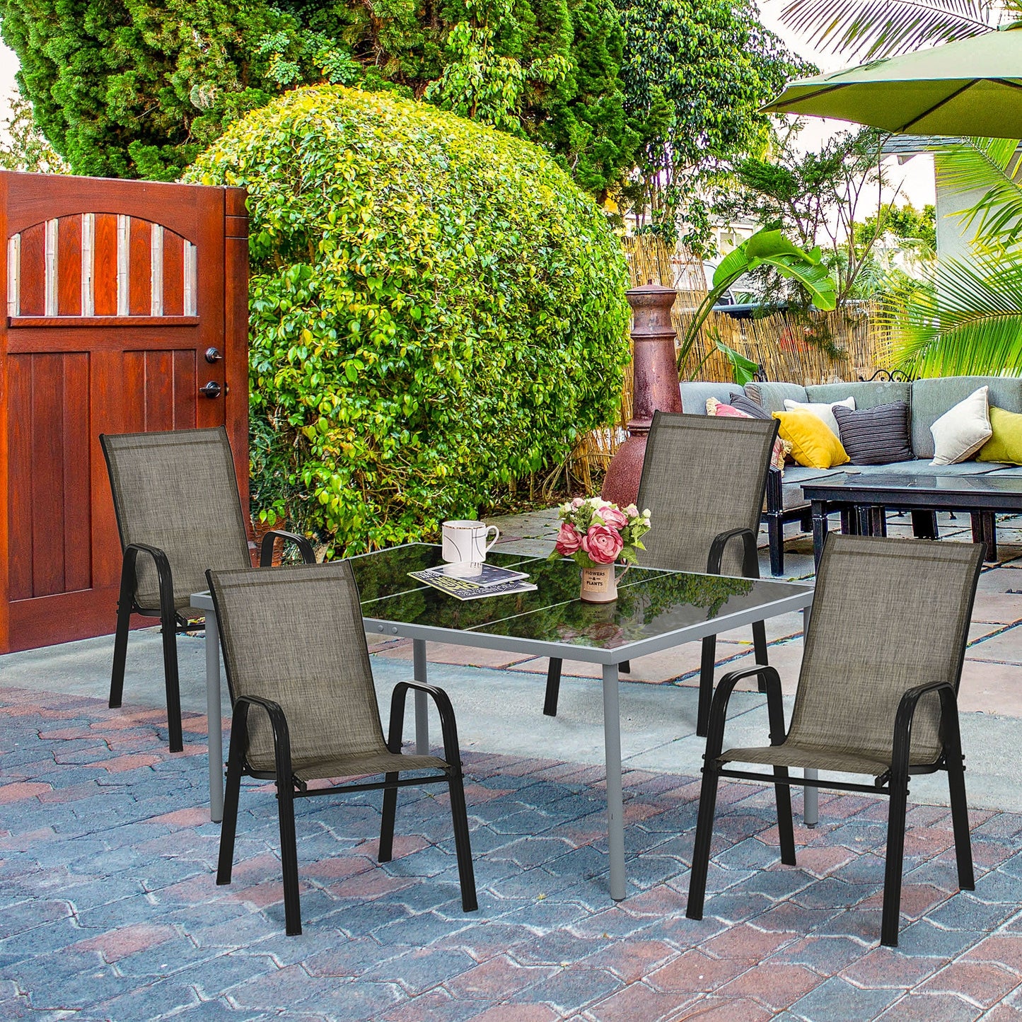 4 Pieces Garden Chairs, Stackable Outdoor Chairs with High Backrest and Armrest, Breathable Mesh Fabric Dining Chair Set of 4, Mixed Brown