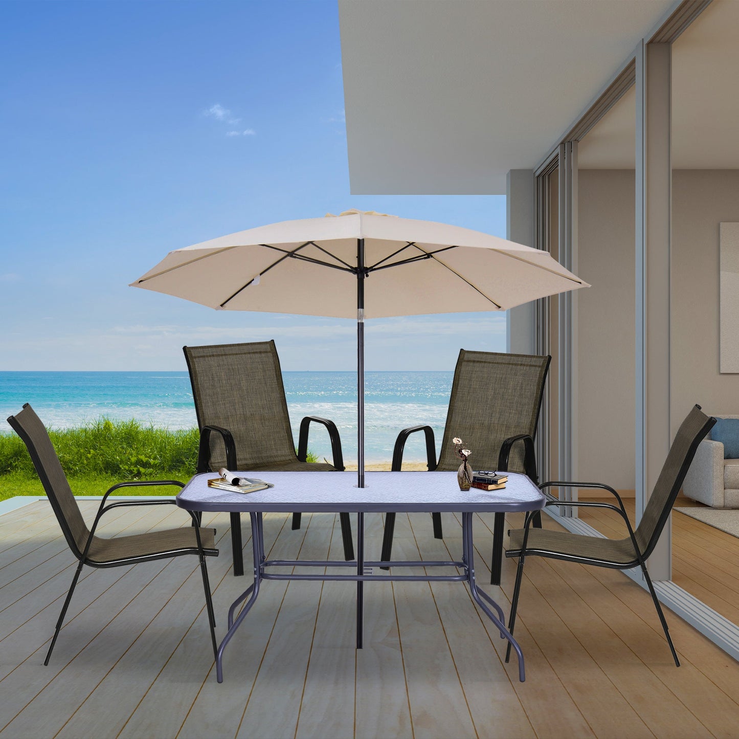 4 Pieces Garden Chairs, Stackable Outdoor Chairs with High Backrest and Armrest, Breathable Mesh Fabric Dining Chair Set of 4, Mixed Brown