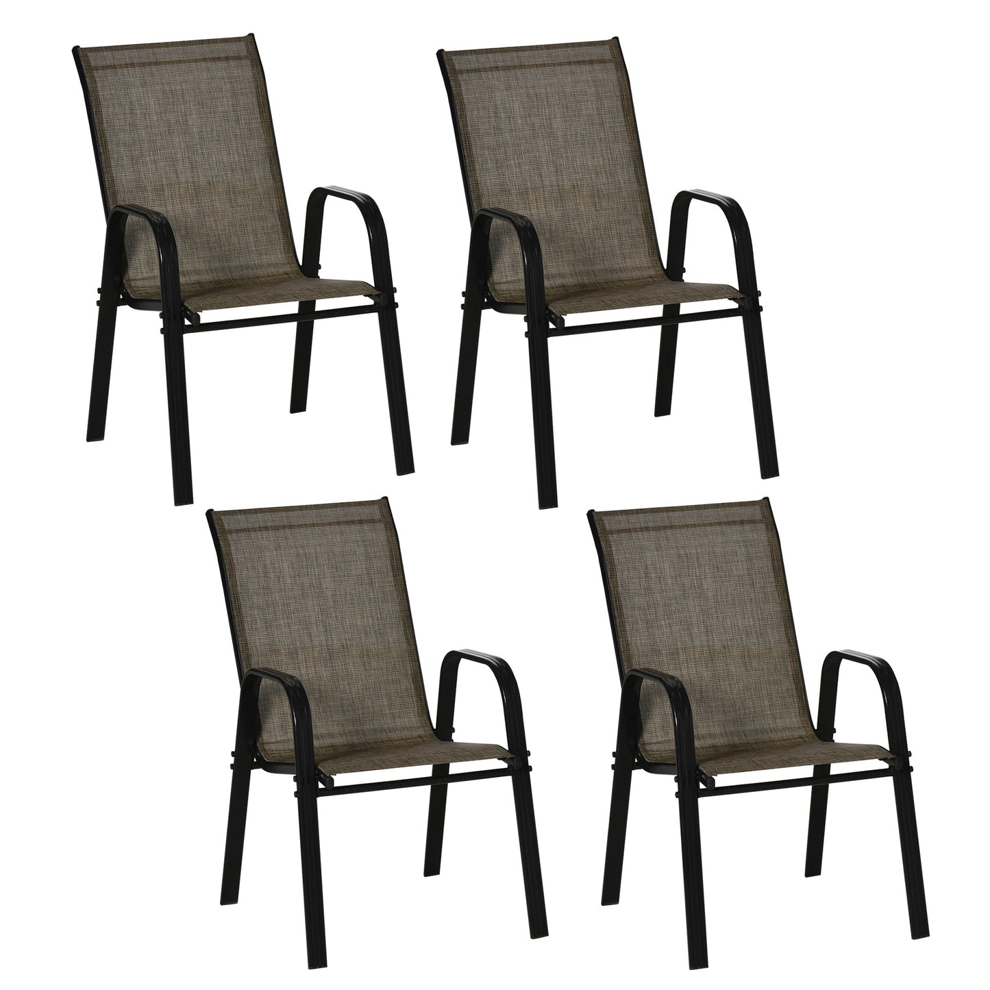 4 Pieces Garden Chairs, Stackable Outdoor Chairs with High Backrest and Armrest, Breathable Mesh Fabric Dining Chair Set of 4, Mixed Brown